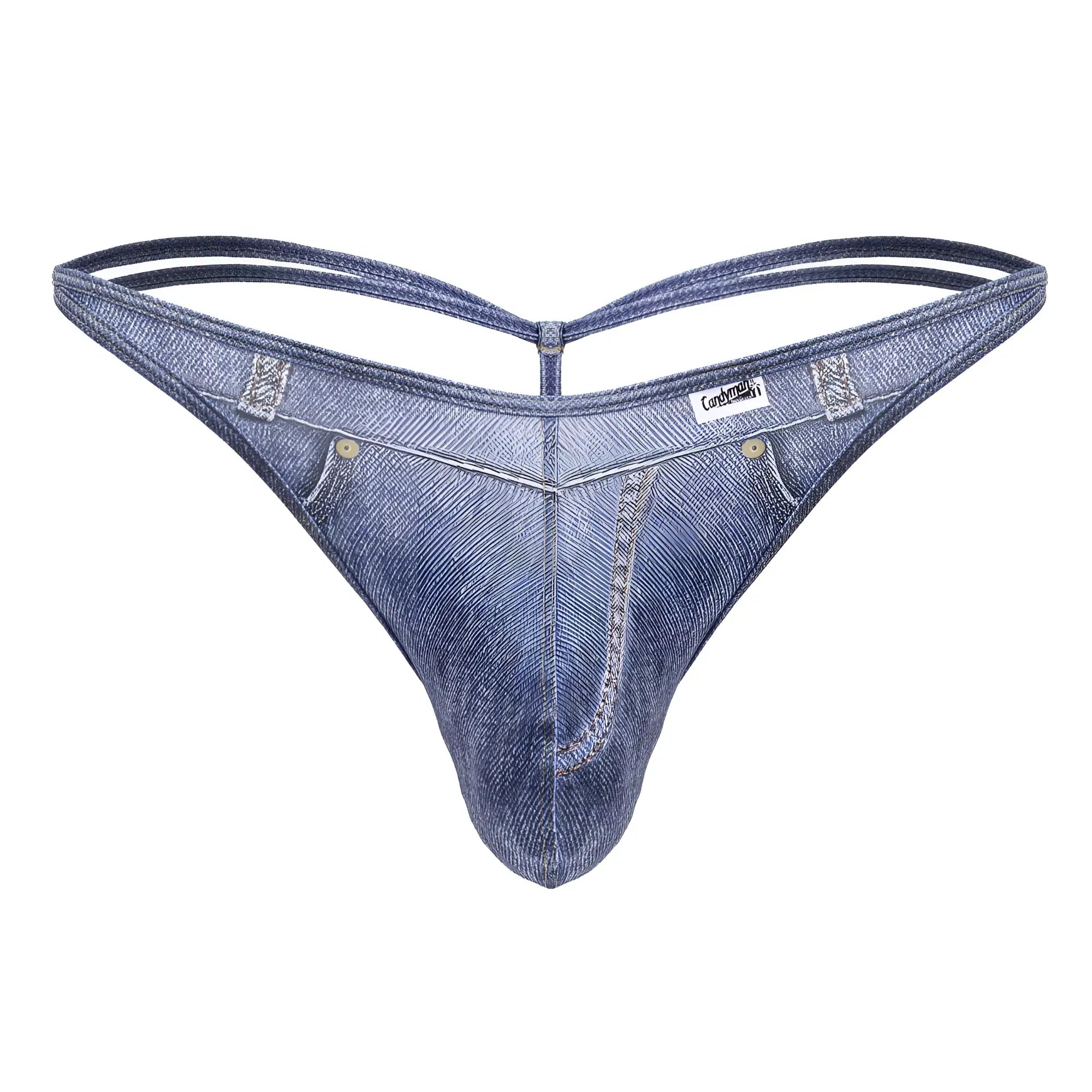 Blue denim thong cowboy thong with classic jeans design and subtle stitching details by candyman