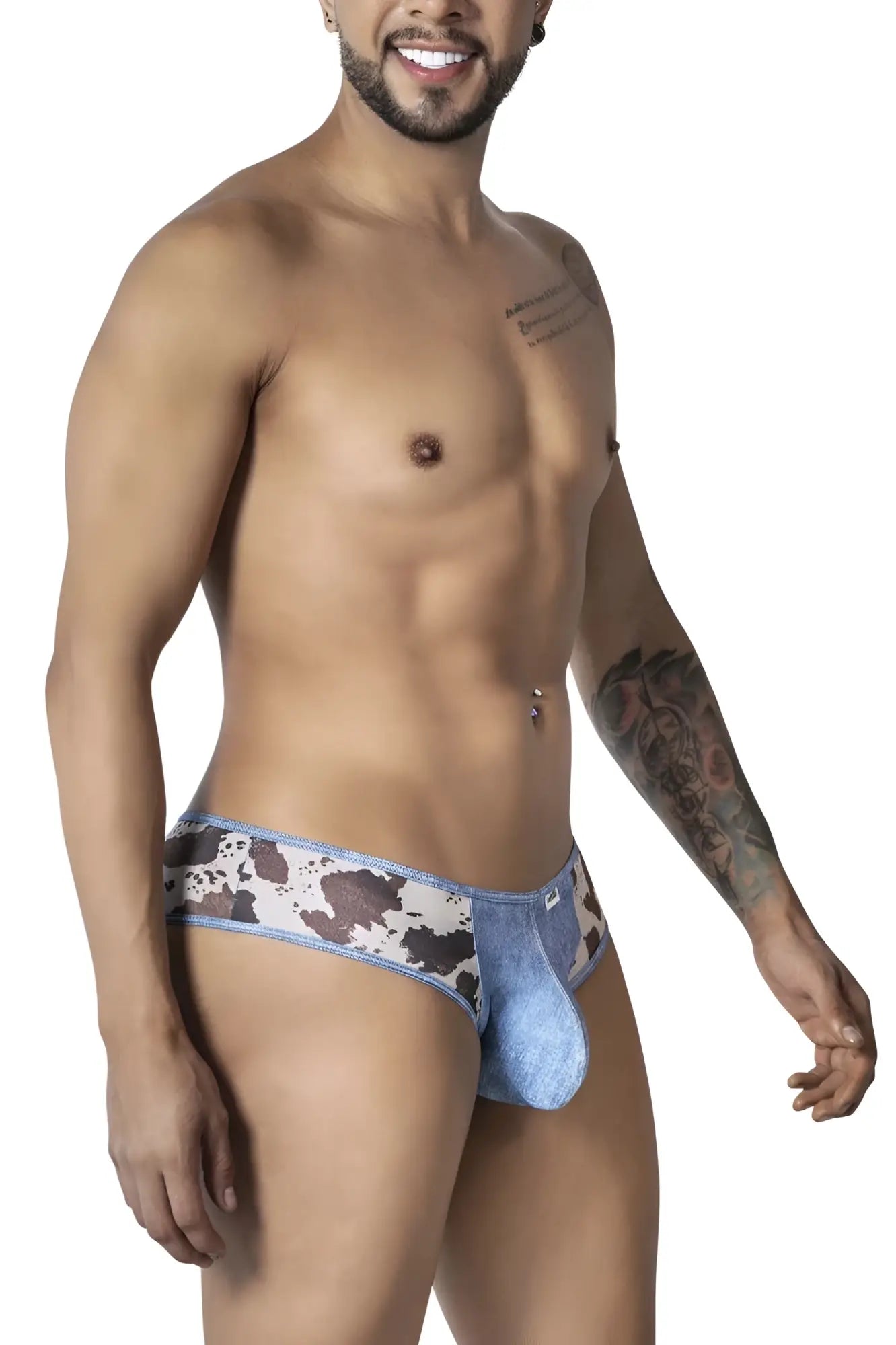 Blue and brown cow print CandyMan 99900 cowboy briefs with a denim-like texture front view
