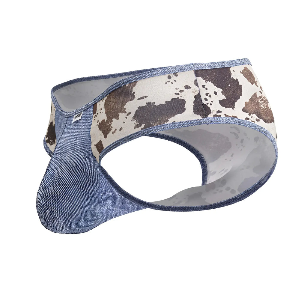 Blue denim patterned CandyMan 99900 cowboy briefs with cow print front panel men’s animal print underwear