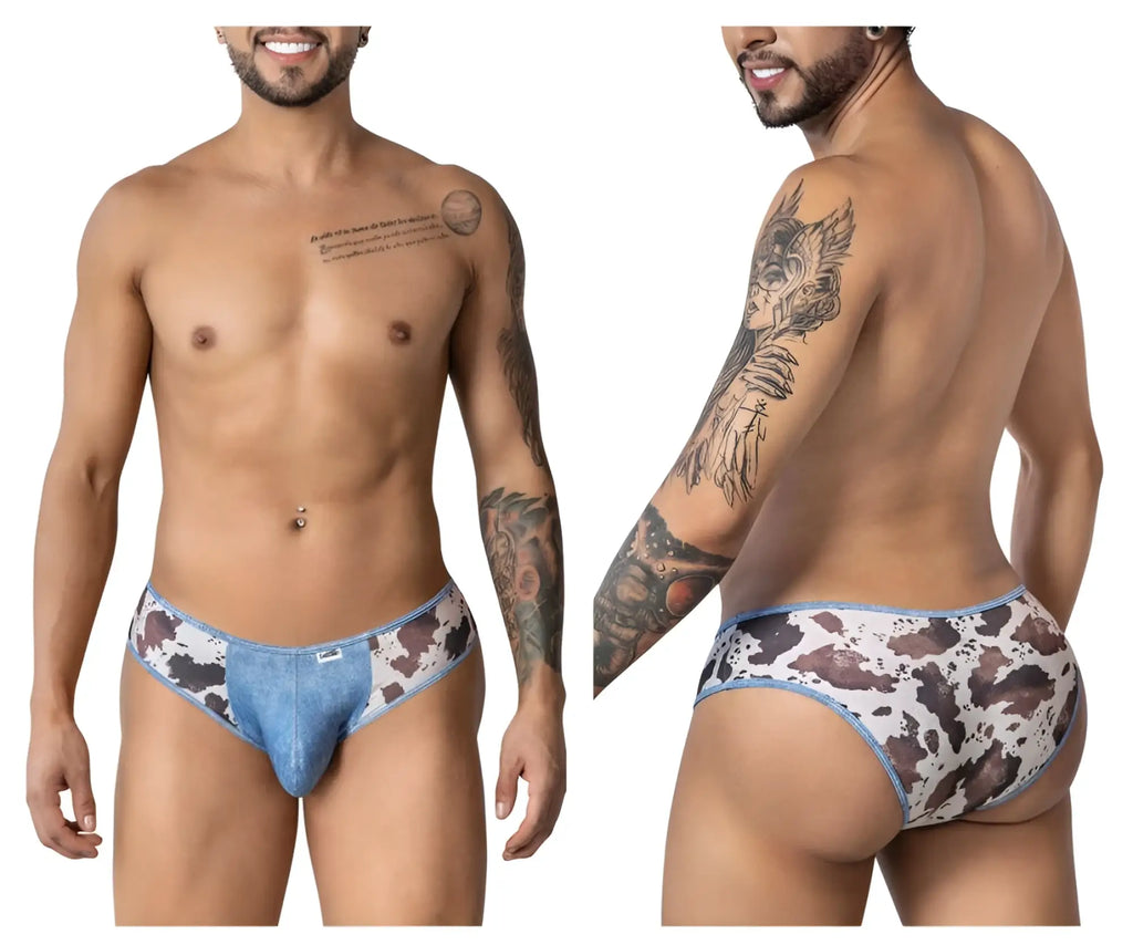 Blued denim-patterned candy man 99900 cowboy briefs with white and brown cow print animal design