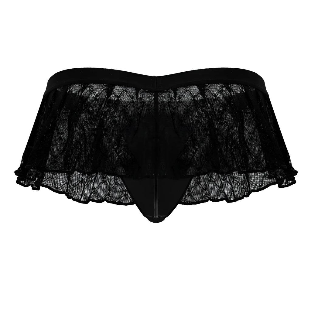 Black lace candy man 99901 thong with ruffled sheer overlay elastic waistband geometric mesh design