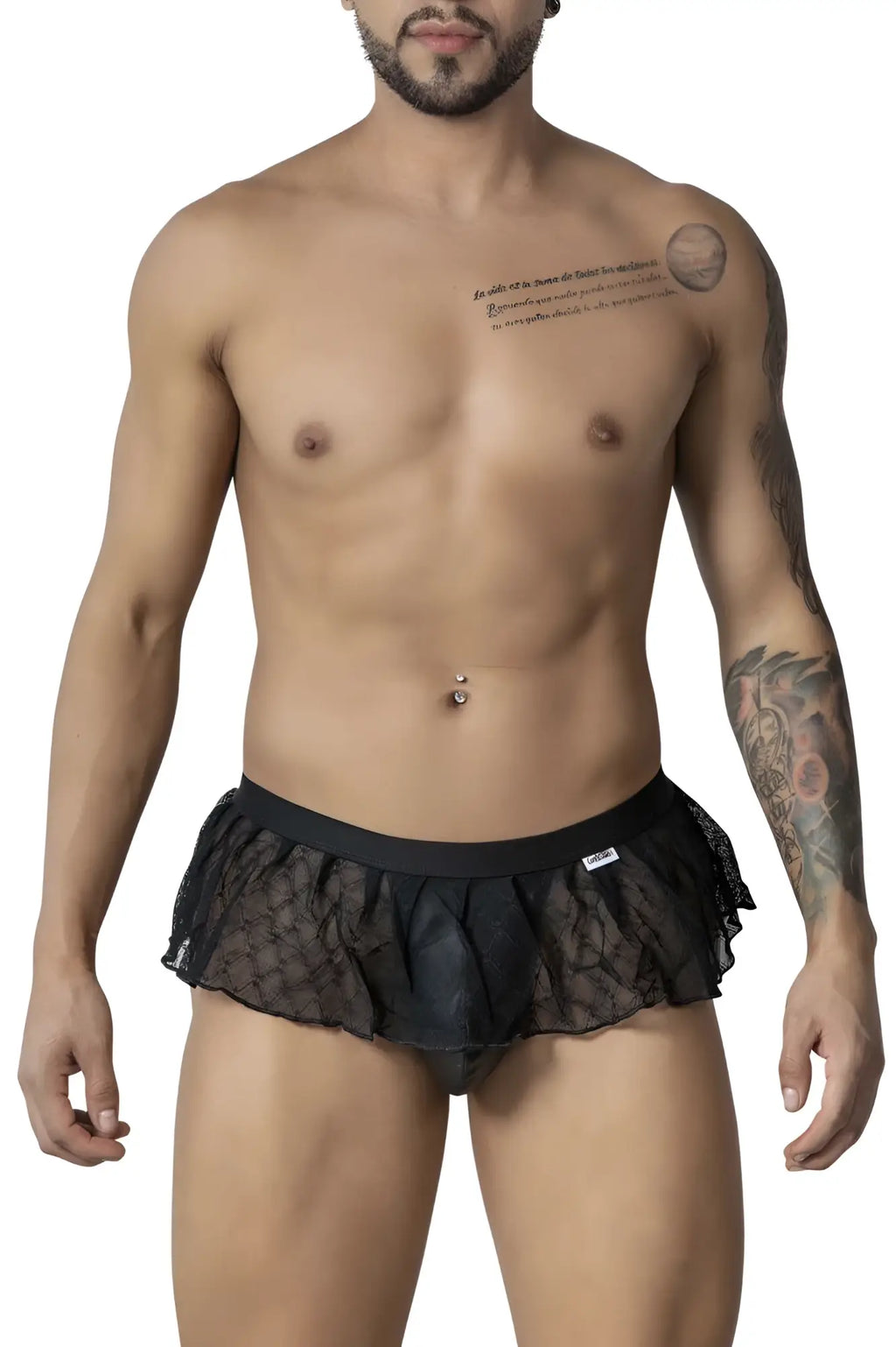 Black lace-trimmed mens underwear with ruffled hem and elastic waistband candy man 99901 geometric mesh thong black