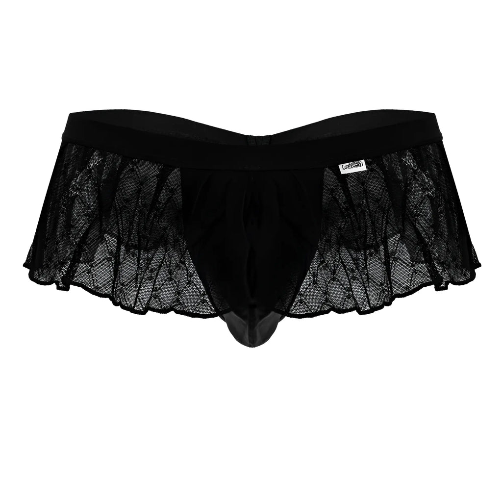 Black lace-trimmed candyman 99901 geometric mesh thongs with sheer mesh and solid black elastic waistband