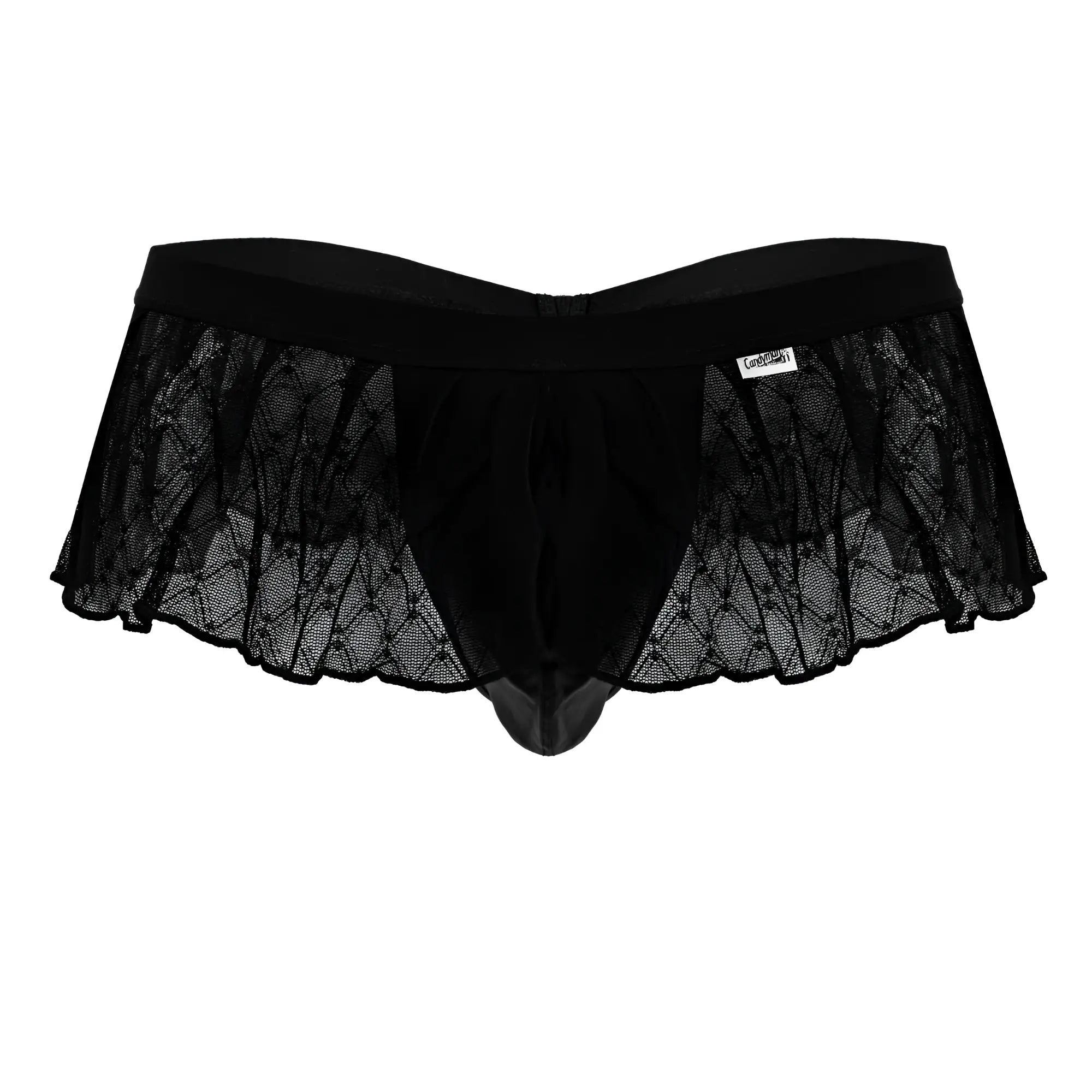 Black lace-trimmed candyman 99901 geometric mesh thongs with sheer mesh and solid black elastic waistband