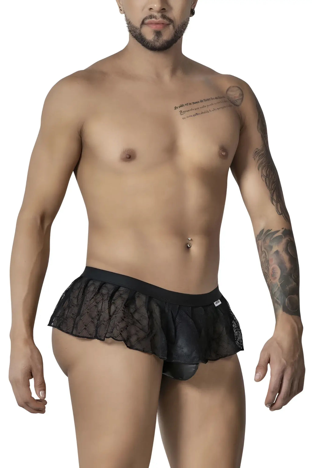 Black candyMan 99901 geometric mesh thong with lace trim ruffled hem and sheer mesh panel for men