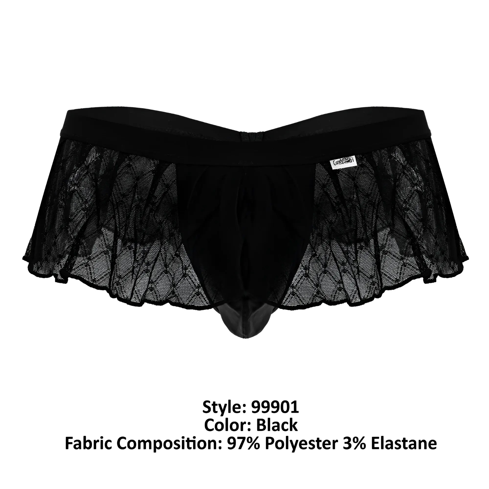 CandyMan 99901 black men’s thong with geometric mesh panels lace trim and solid black elastic waistband