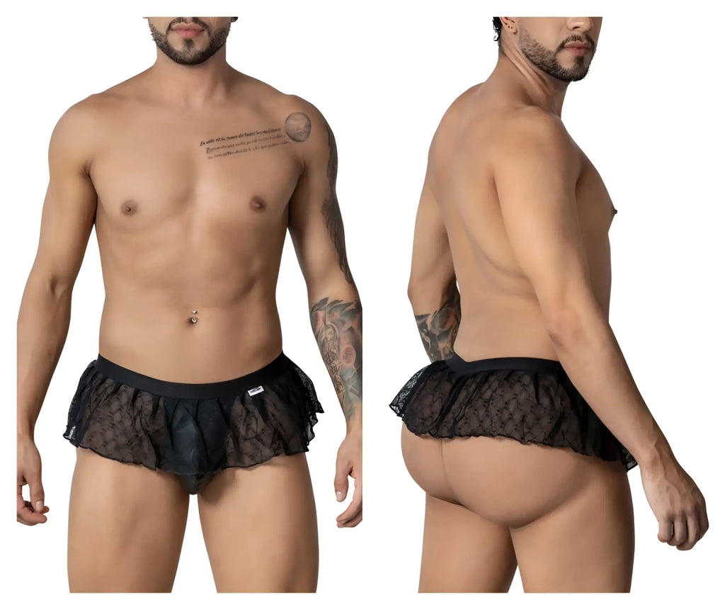 Black candy man 99901 geometric mesh thong briefs with lace trim and ruffled hem with elastic waistband