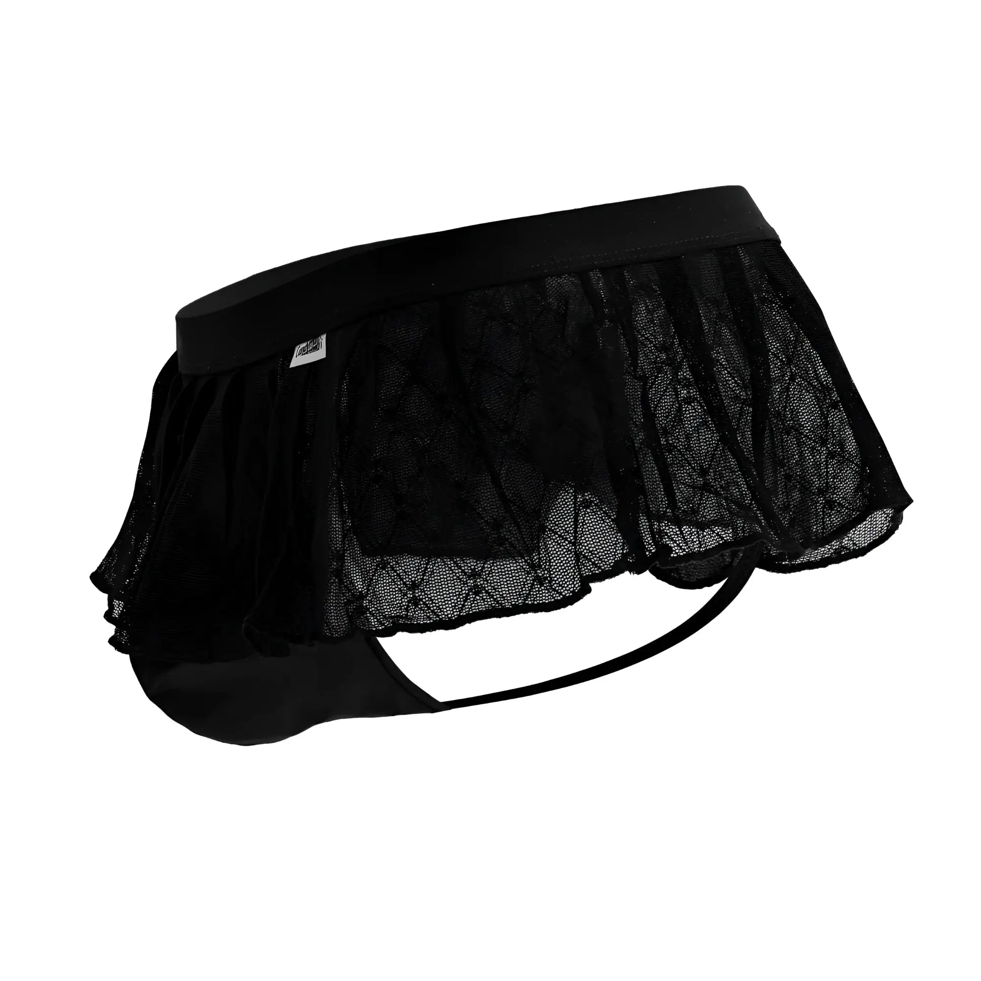 Black lace-trimmed candyMan 99901 geometric mesh briefs with ruffled sheer overlay and elastic waistband