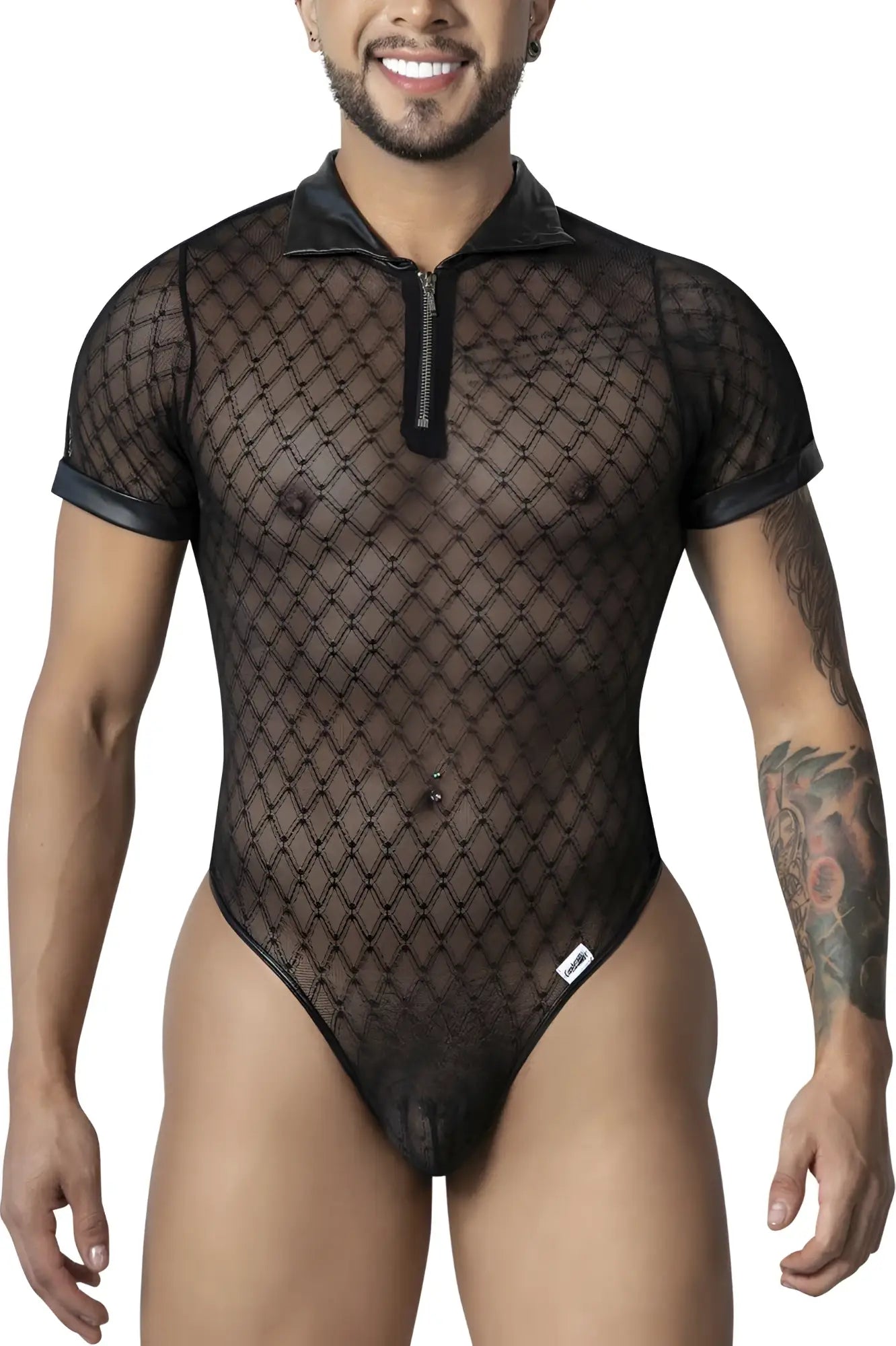 Black geometric mesh bodysuit by candyman with collar and front zipper in black mesh material