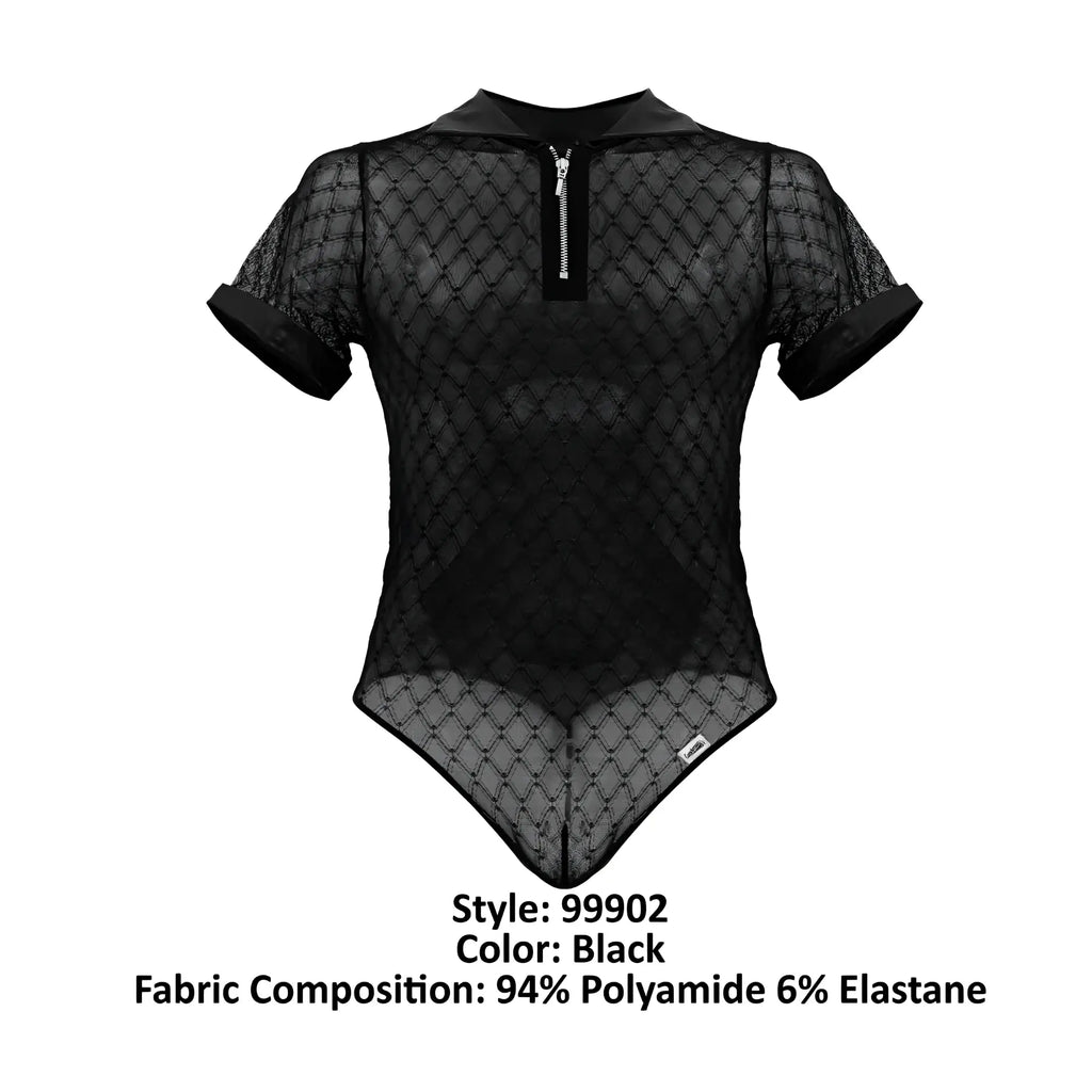 Black sheer mesh bodysuit candyMan 99902 with collar short sleeves and front zipper in geometric design