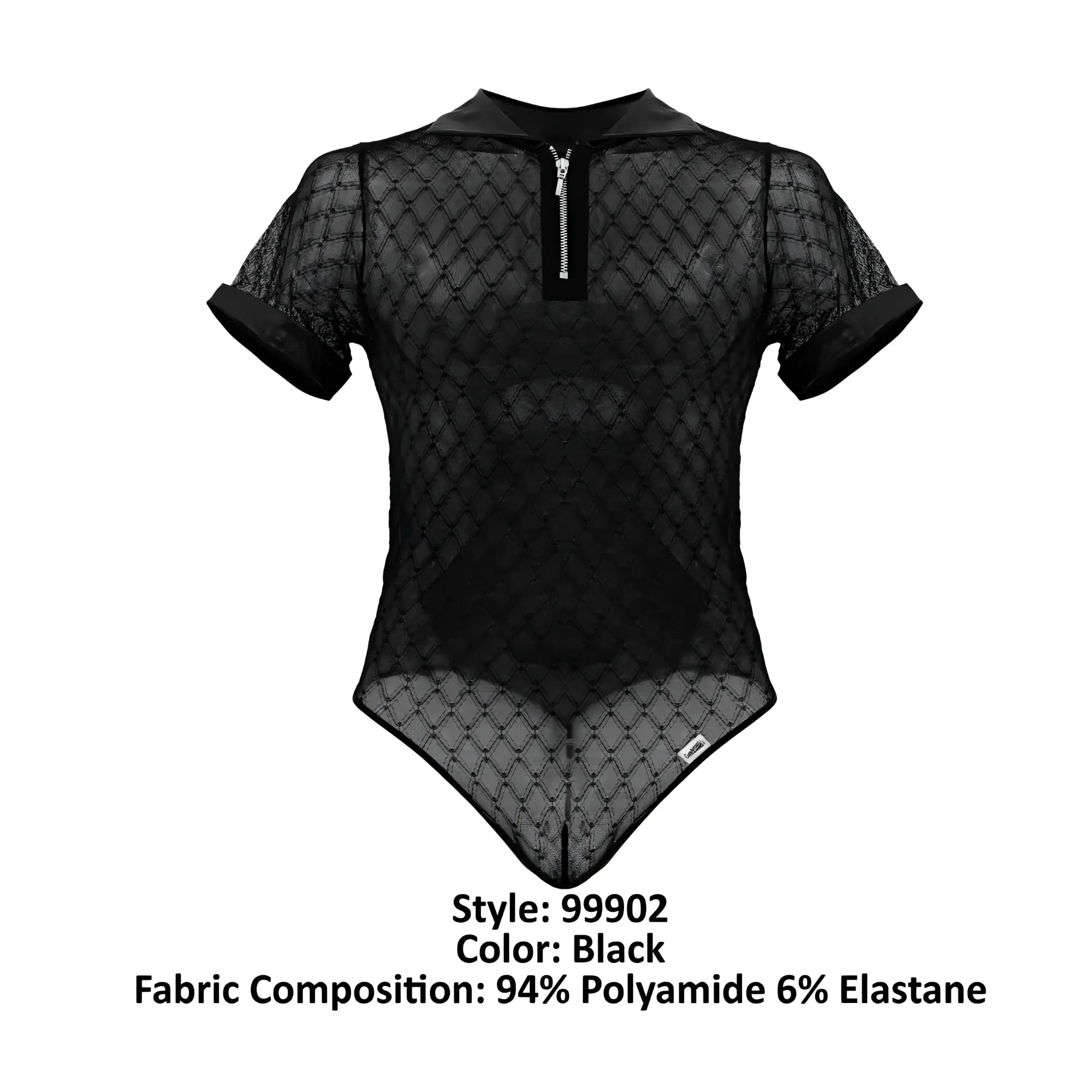 Black sheer mesh bodysuit candyMan 99902 with collar short sleeves and front zipper in geometric design