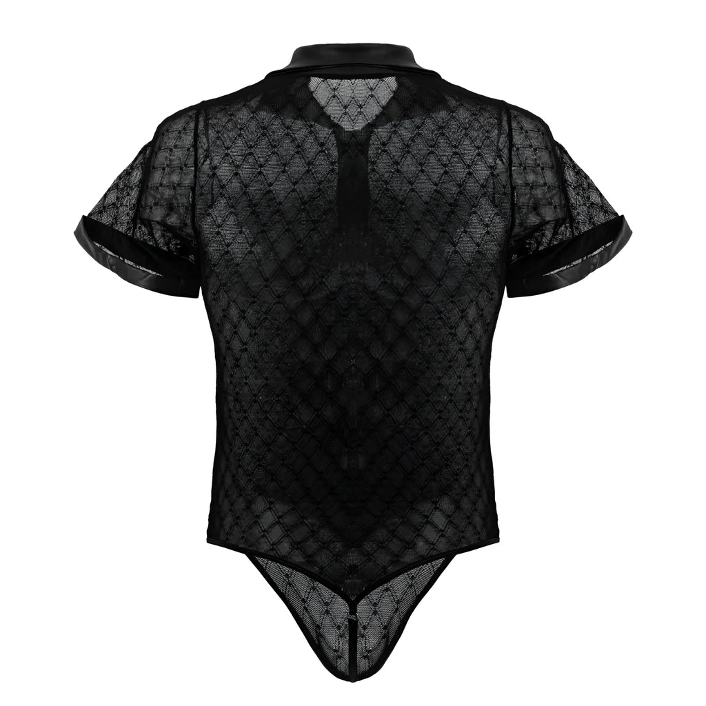 Black candyMan 99902 geometric mesh bodysuit with sheer lace short sleeves and a collar