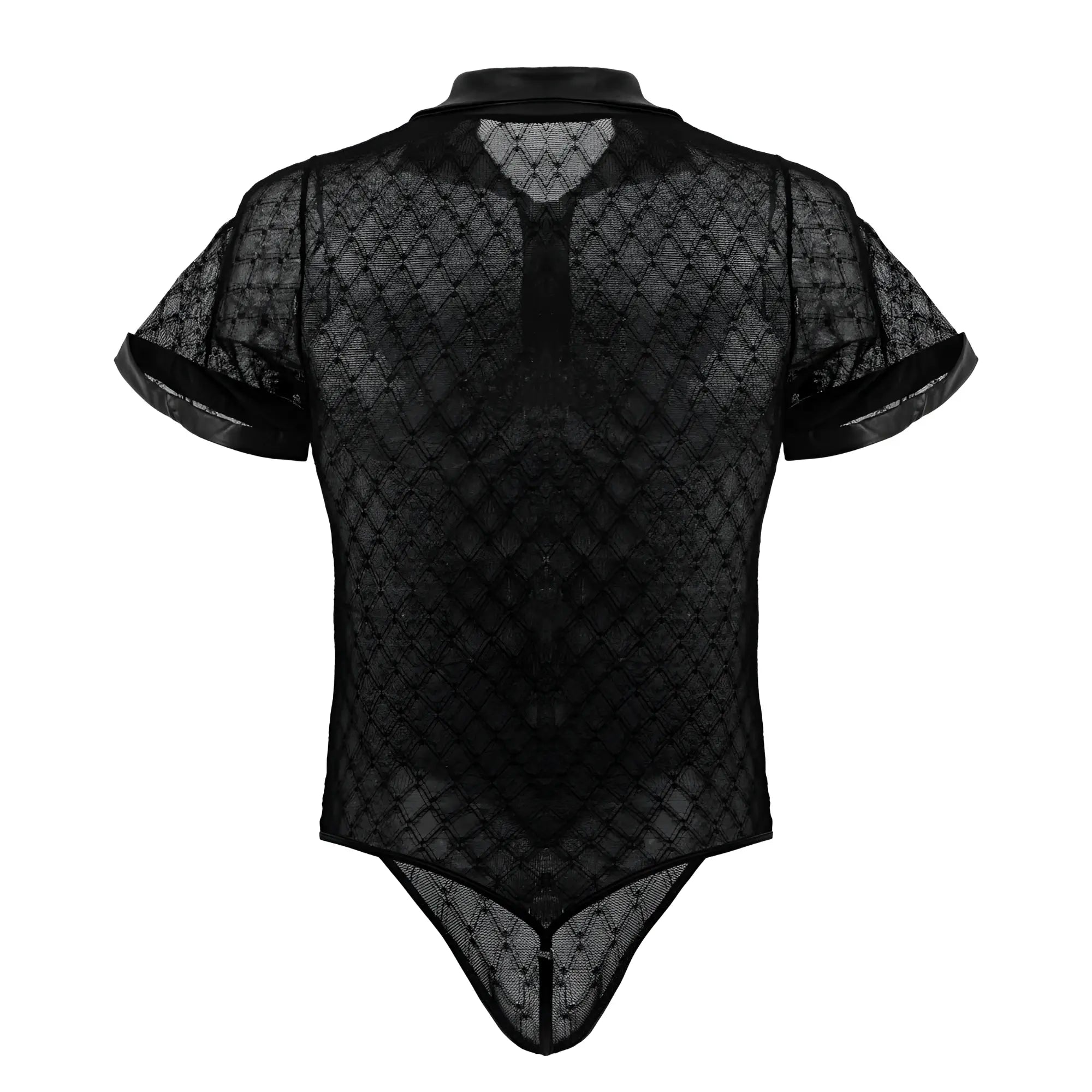 Black candyMan 99902 geometric mesh bodysuit with sheer lace short sleeves and a collar