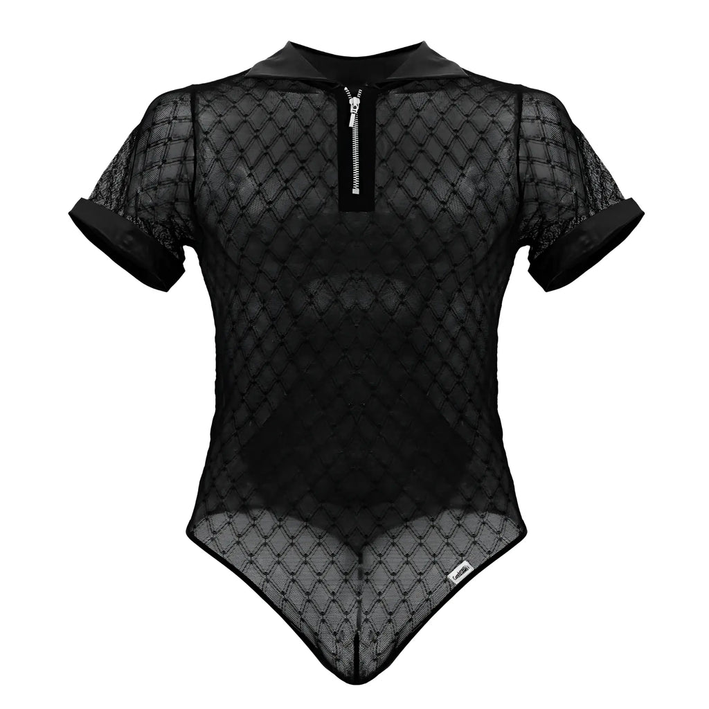 Black mesh bodysuit with short sleeves collar and front zipper candyMan 99902 geometric mesh bodysuit color black