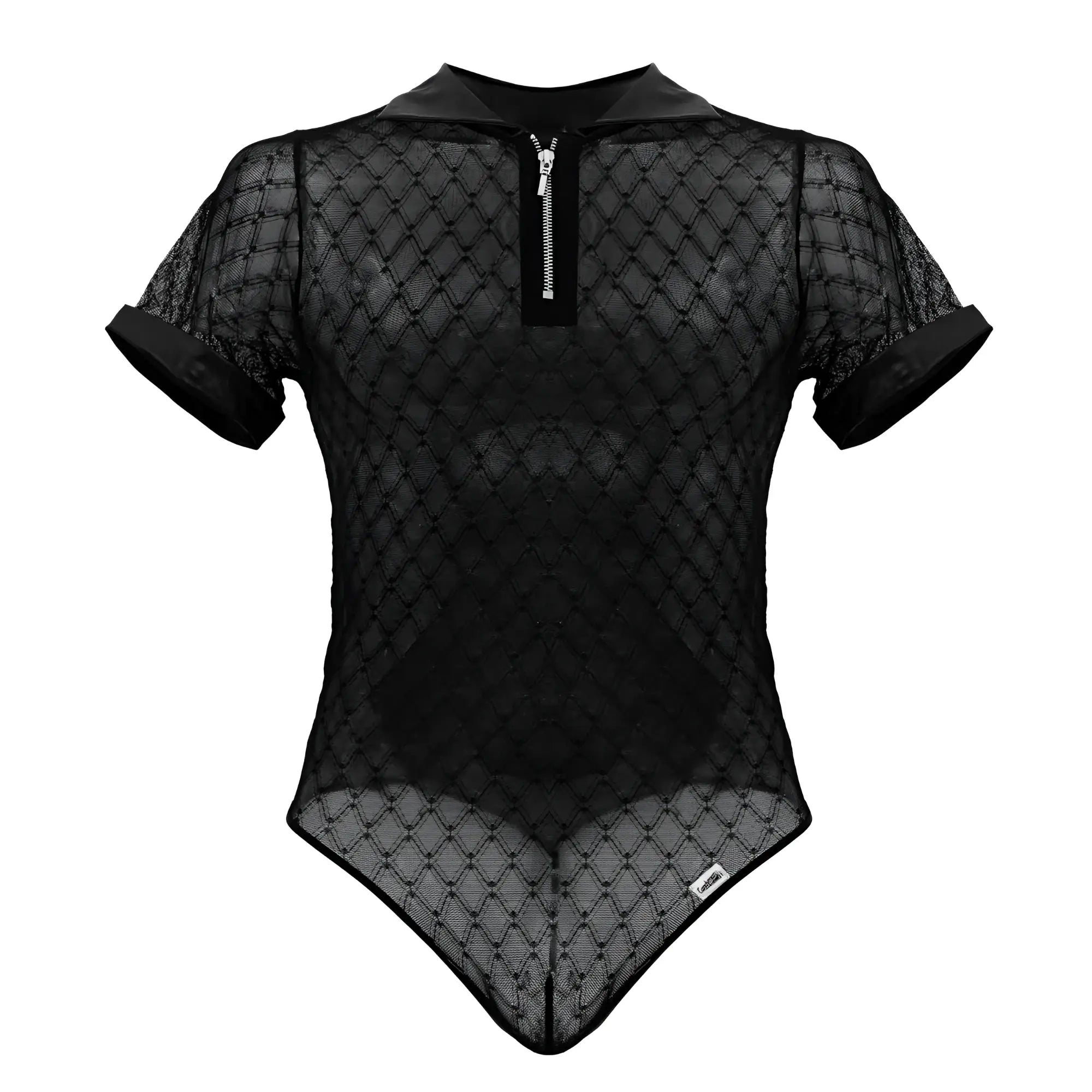 Black mesh bodysuit with short sleeves collar and front zipper candyMan 99902 geometric mesh bodysuit color black