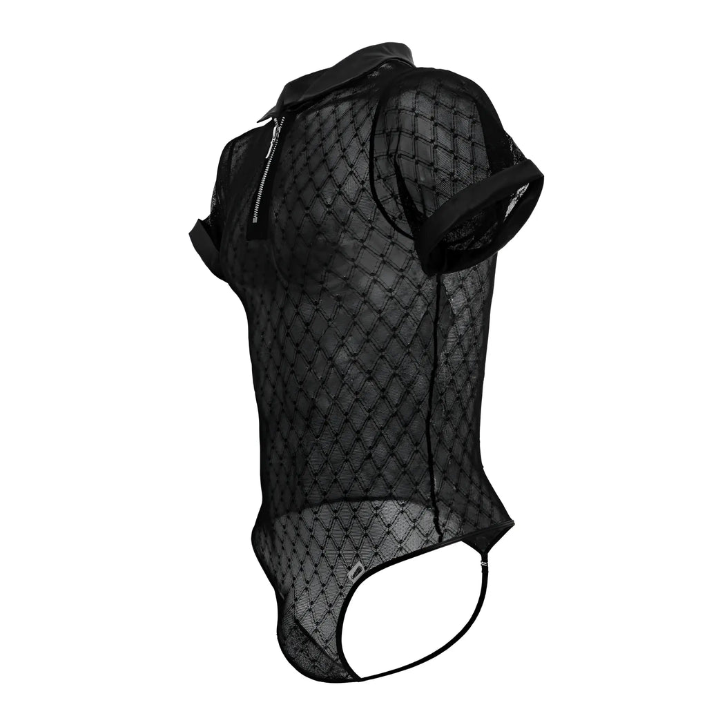 CandyMan 99902 geometric mesh bodysuit in black with short sleeves collar and side zipper detail