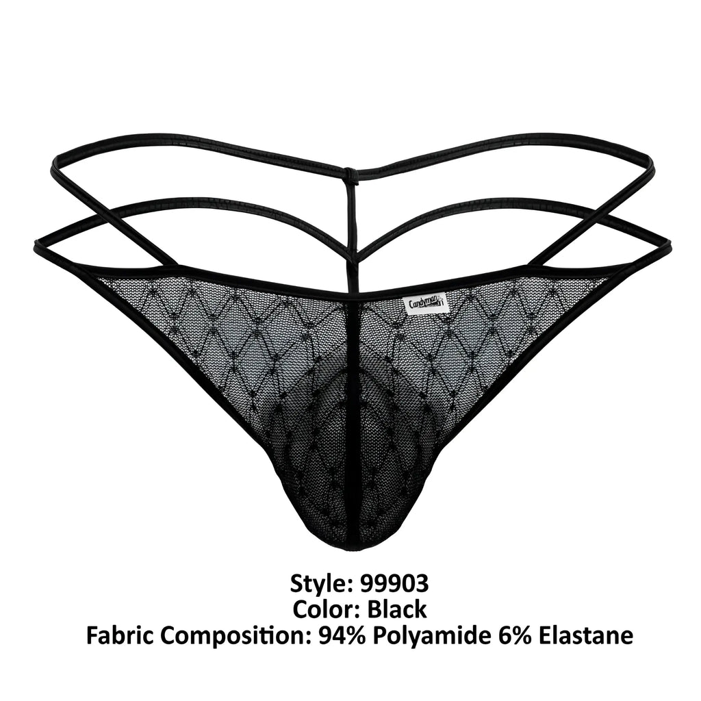Black lace thong candyMan 99903 with diamond-patterned mesh and three thin adjustable straps in black