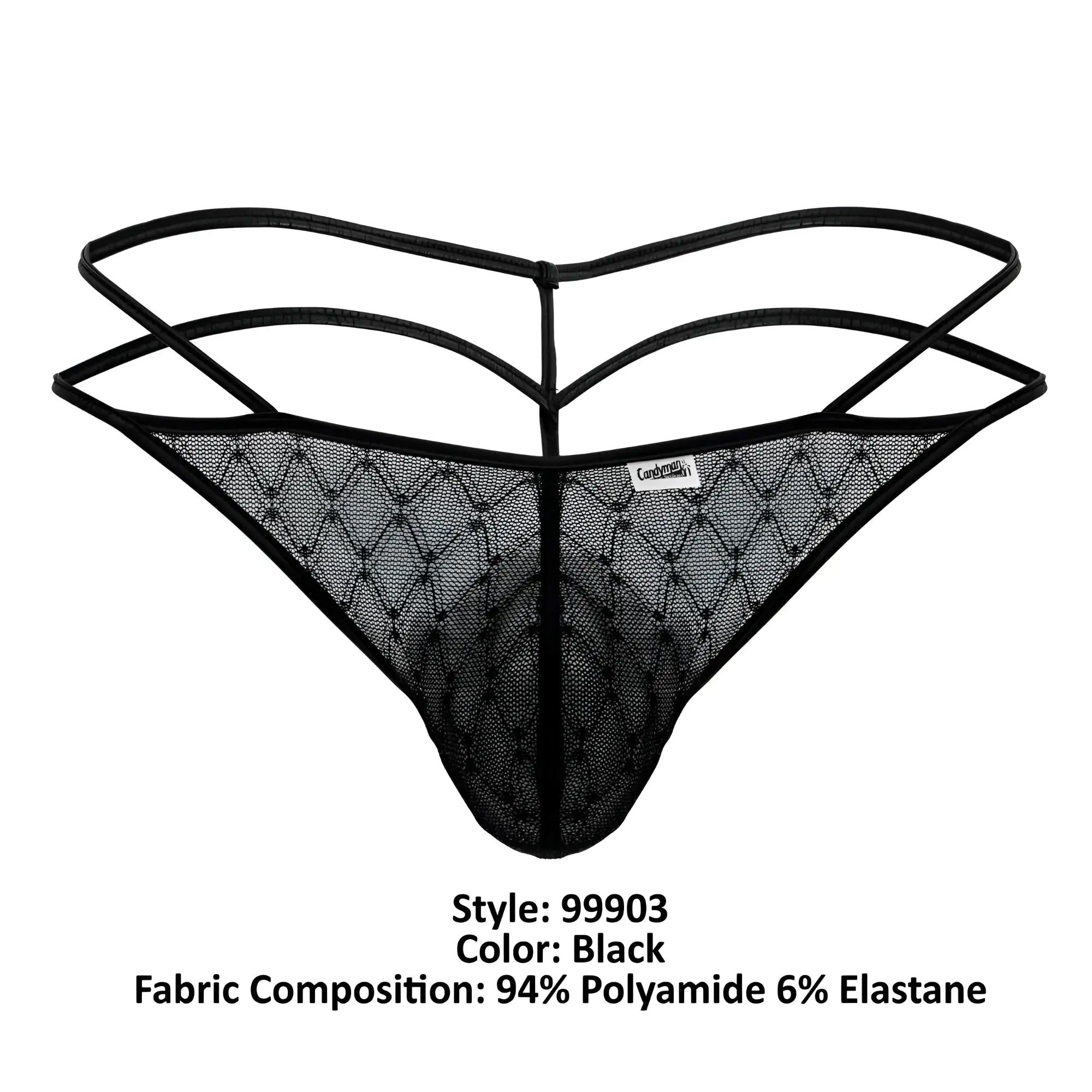 Black lace thong candyMan 99903 with diamond-patterned mesh and three thin adjustable straps in black