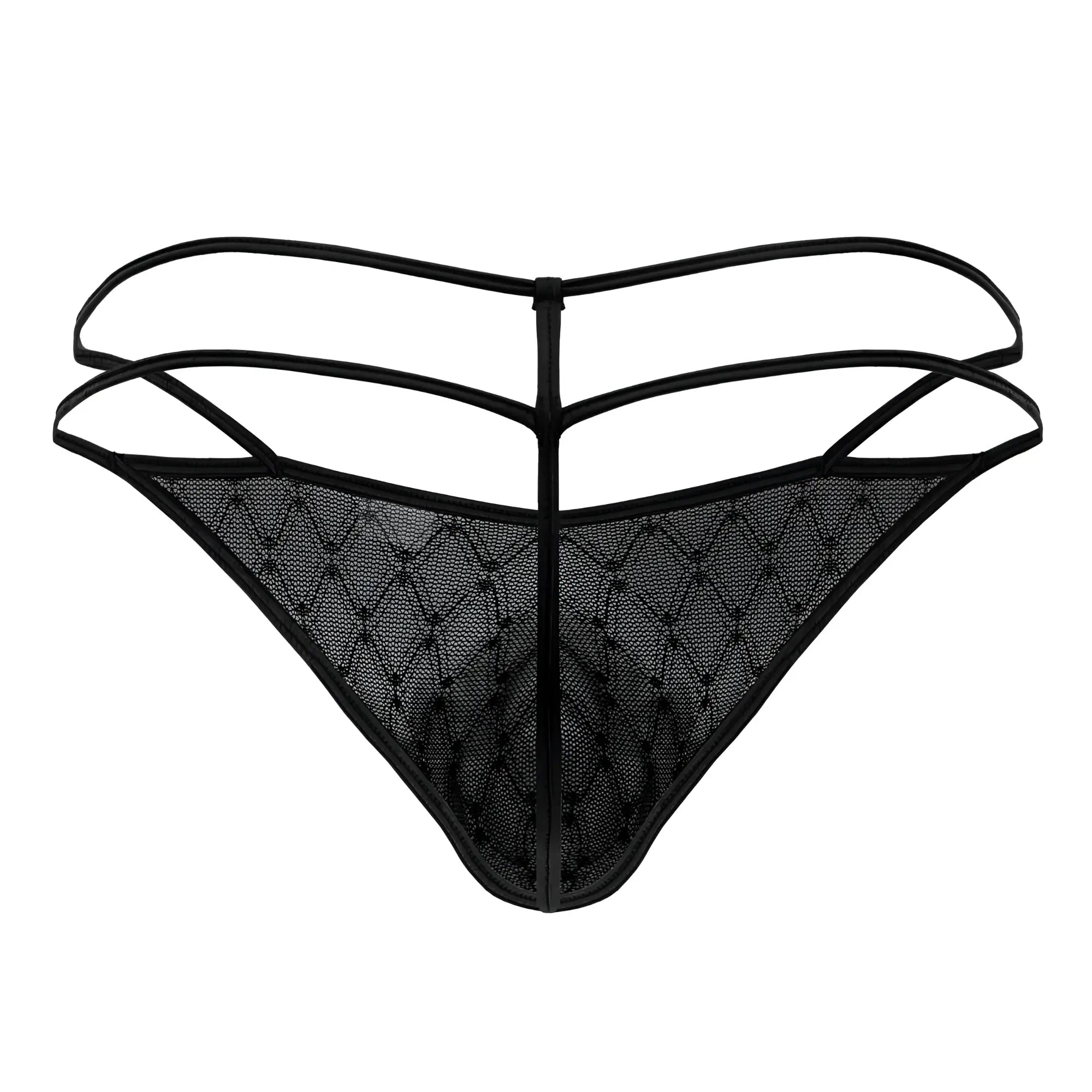 Black lace thong candyMan 99903 with diamond-patterned mesh and thin overlapping straps in black color