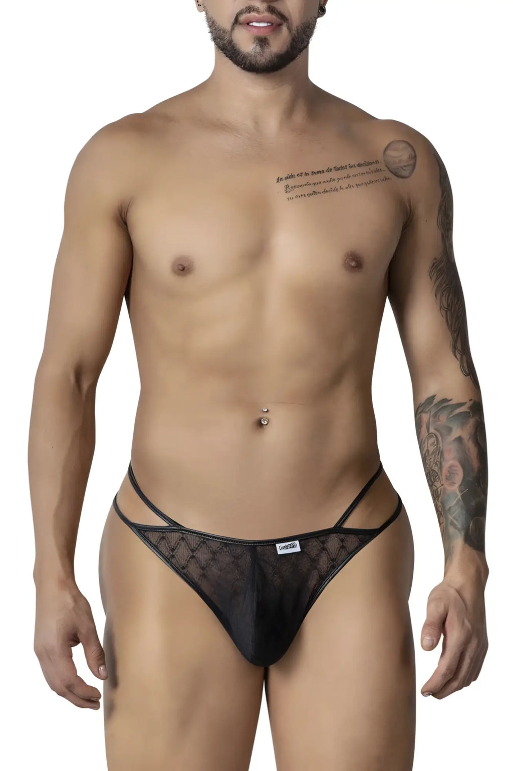 Black lace CandyMan 99903 geometric mesh thong in black with subtle diamond pattern and thin side straps