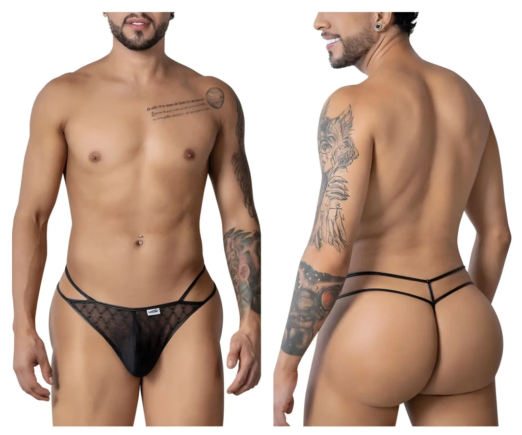 Black sheer lace thong with thin elastic straps from candyman 99903 geometric mesh thongs shown from the back side
