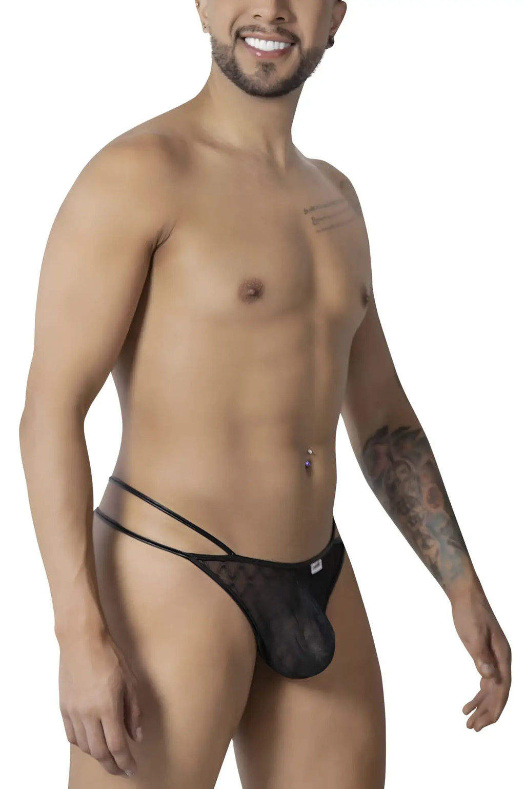 Black sheer lace thong with solid black front panel and adjustable side straps from candyman 99903 geometric mesh thongs