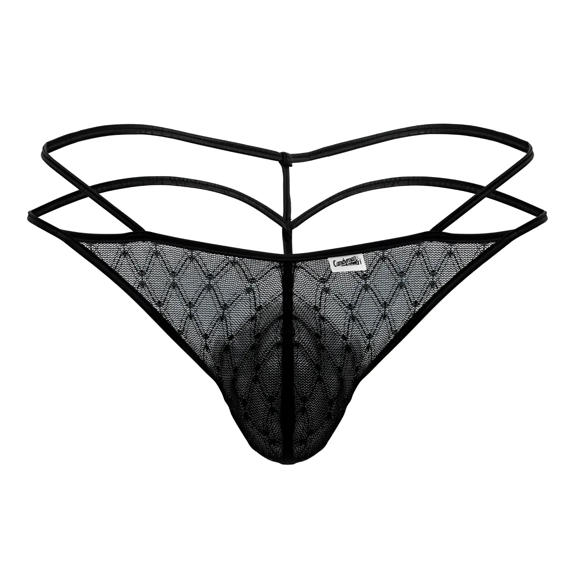 Black mesh thong candyMan 99903 with diamond-patterned design and three intersecting elastic straps