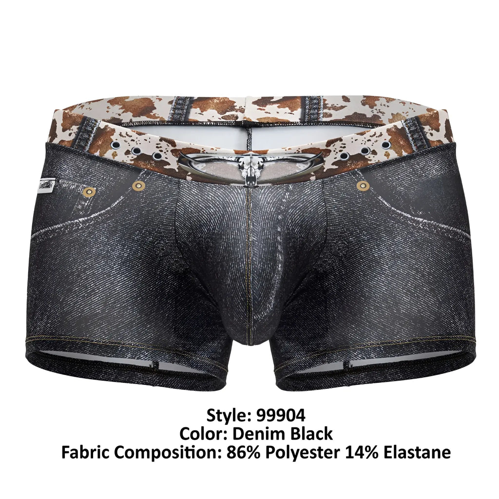 Denim black boxer briefs candyMan 99904 cowboy trunks with cow print waistband and faux denim texture