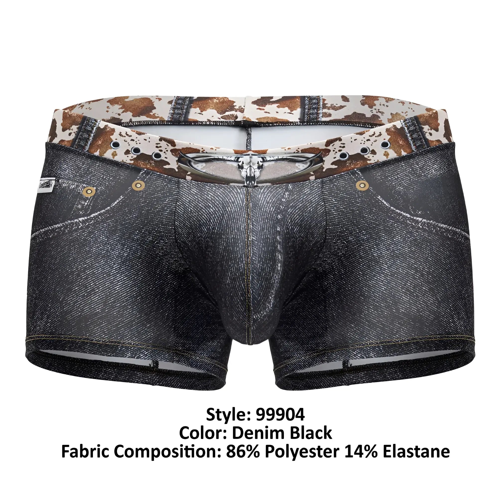 Denim black boxer briefs candyMan 99904 cowboy trunks with cow print waistband and faux denim texture