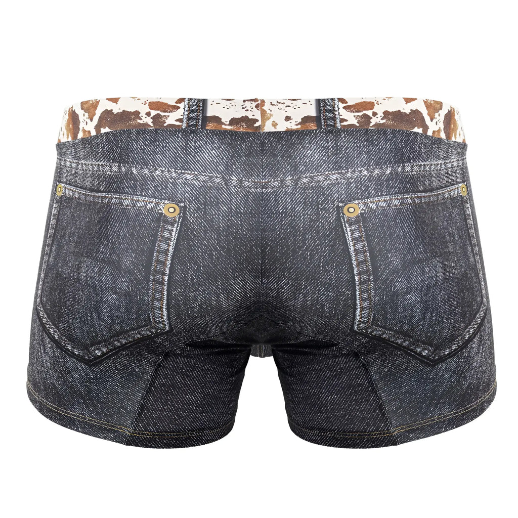 Dark blue denim cowboy trunks with cow print waistband and gold tone button closures by candyman 99904