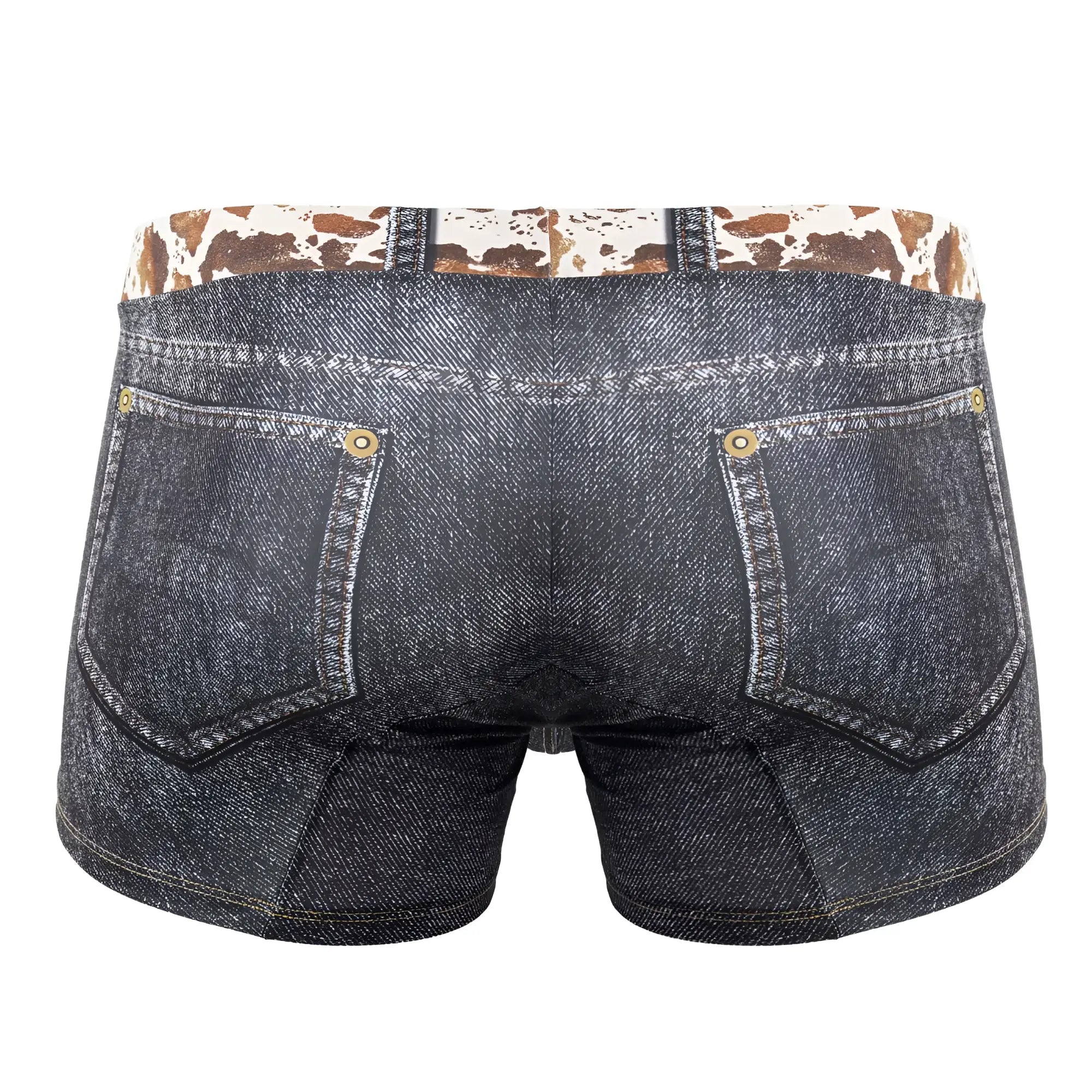 Dark blue denim cowboy trunks with cow print waistband and gold tone button closures by candyman 99904