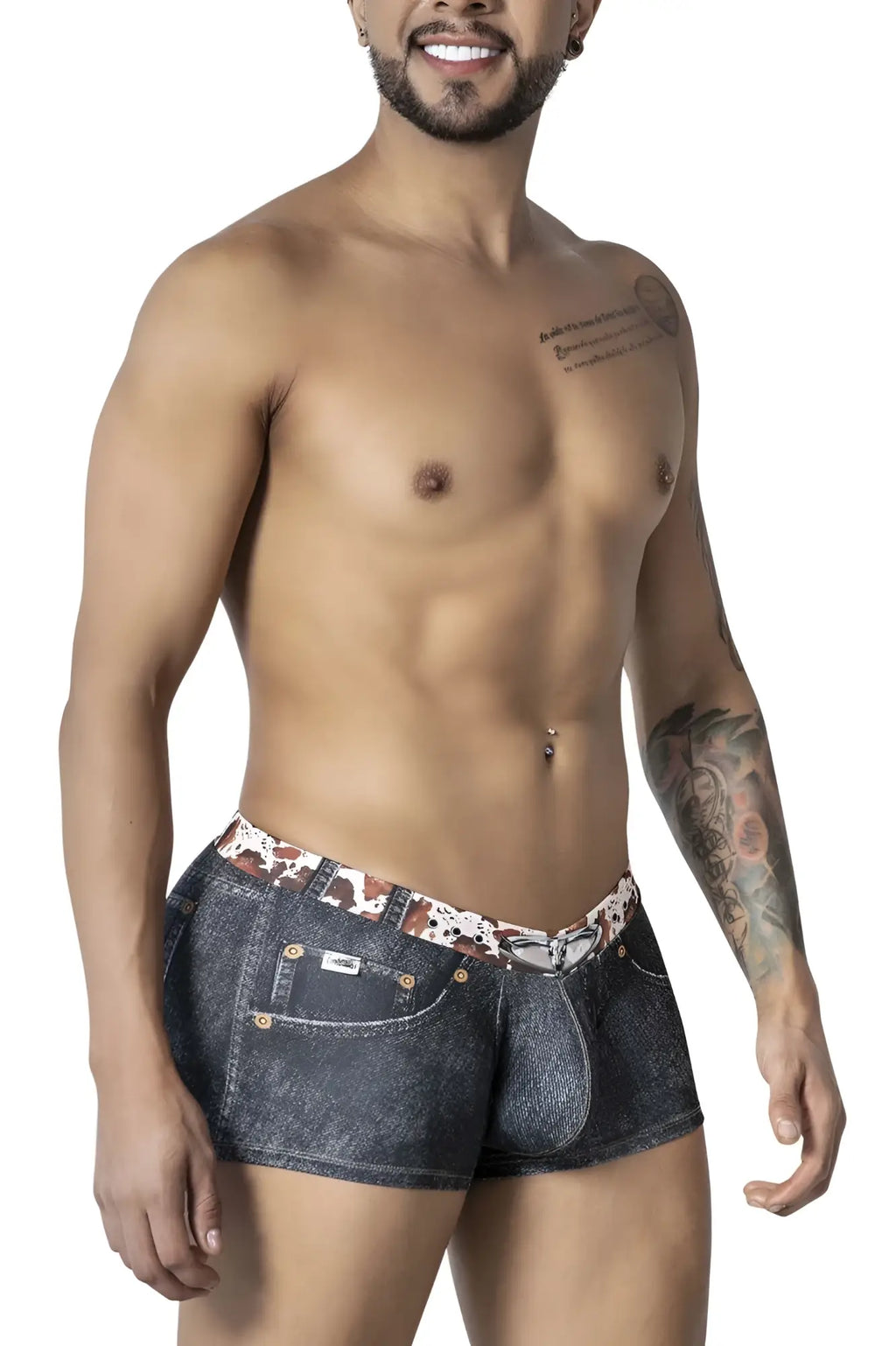 CandyMan 99904 cowboy trunks in dark blue denim-style boxer shorts with patterned waistband and gold-tone hardware