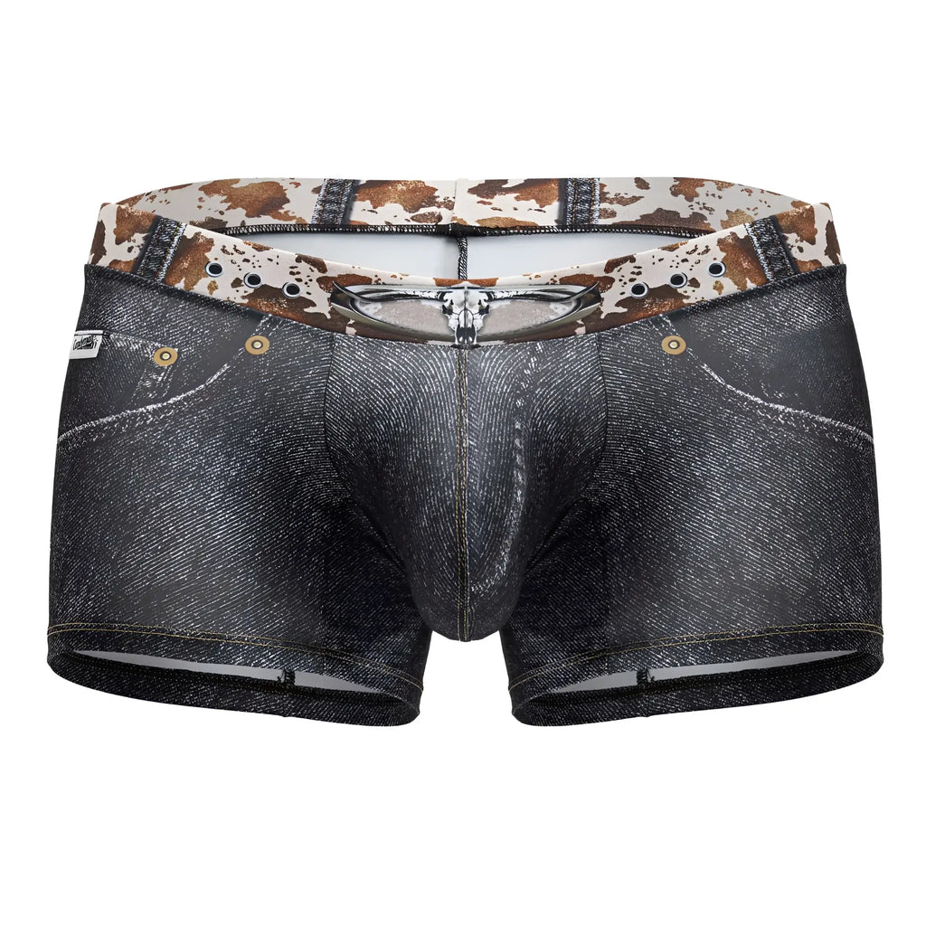 Dark denim color candyMan 99904 cowboy trunks men’s boxer briefs with cowhide print waistband and metallic button details