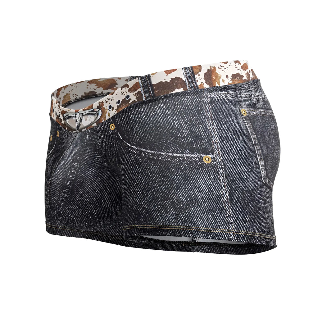 Dark denim cowboy trunks candyMan 99904 with cow print waistband and gold toned hardware in black denim