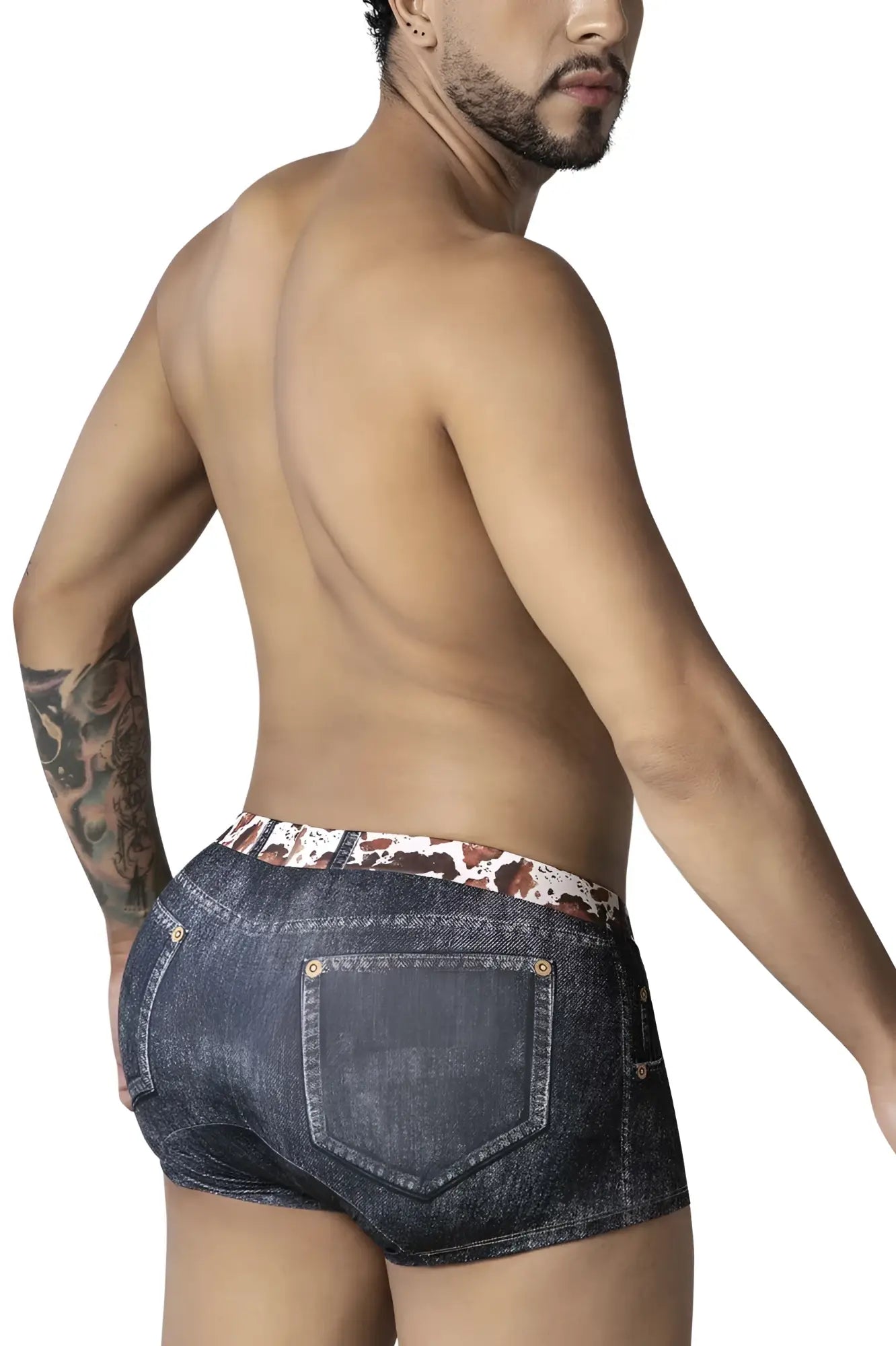 Dark-wash denim candyMan 99904 cowboy trunks with brown and white cow print waistband for casual wear