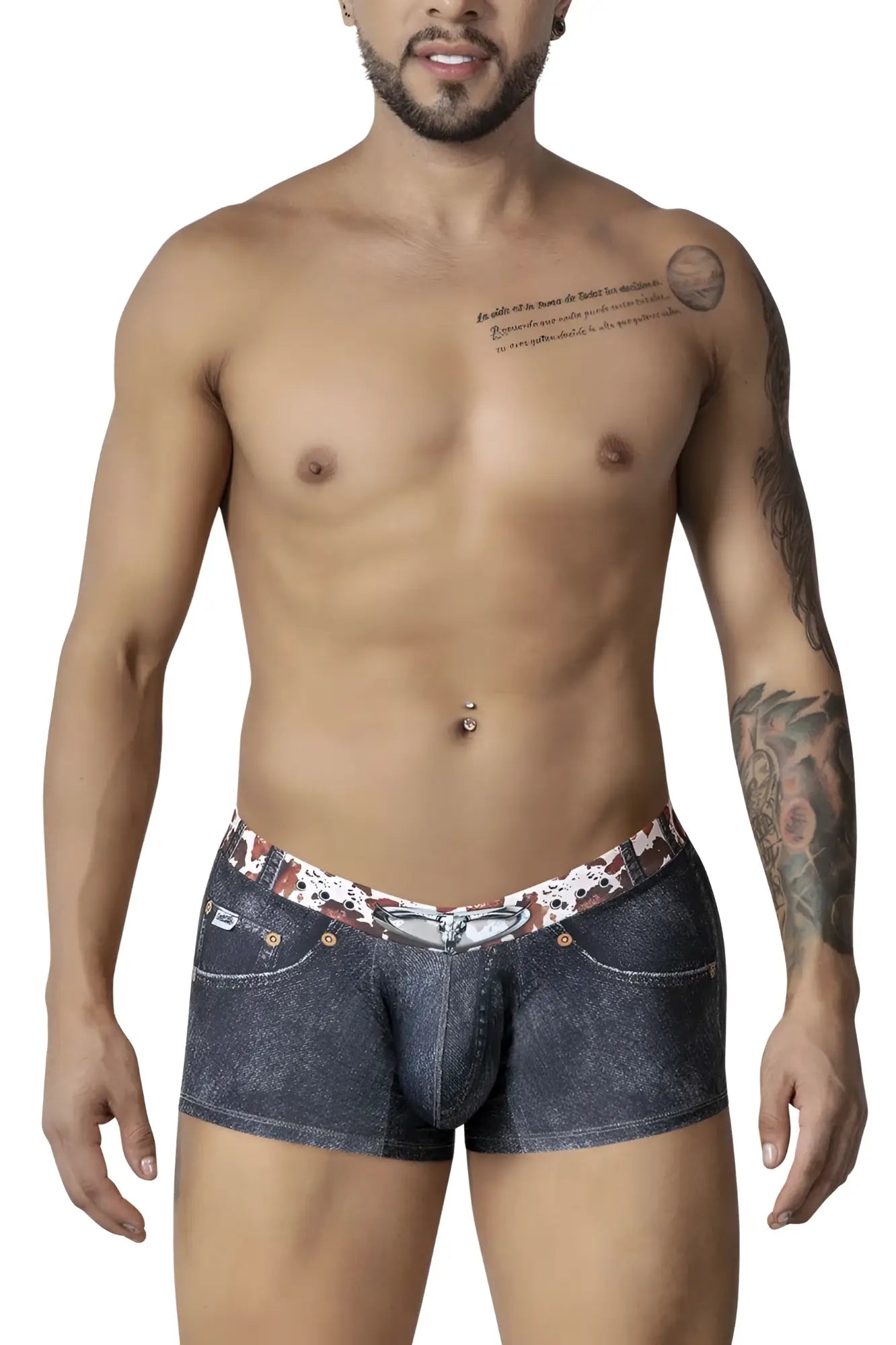 Denim-patterned men’s boxer briefs with white and brown camouflage waistband candyMan 99904 cowboy trunks in black