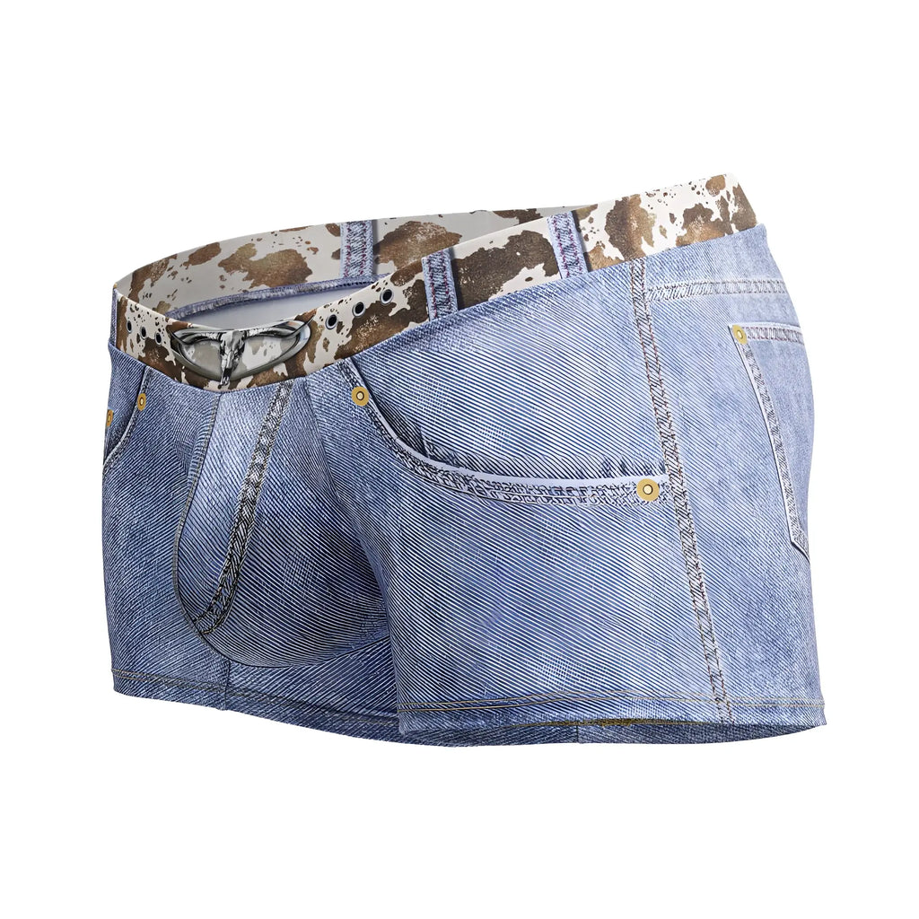 Light blue denim CandyMan 99904 cowboy trunks with cow print belt and silver buckle front view
