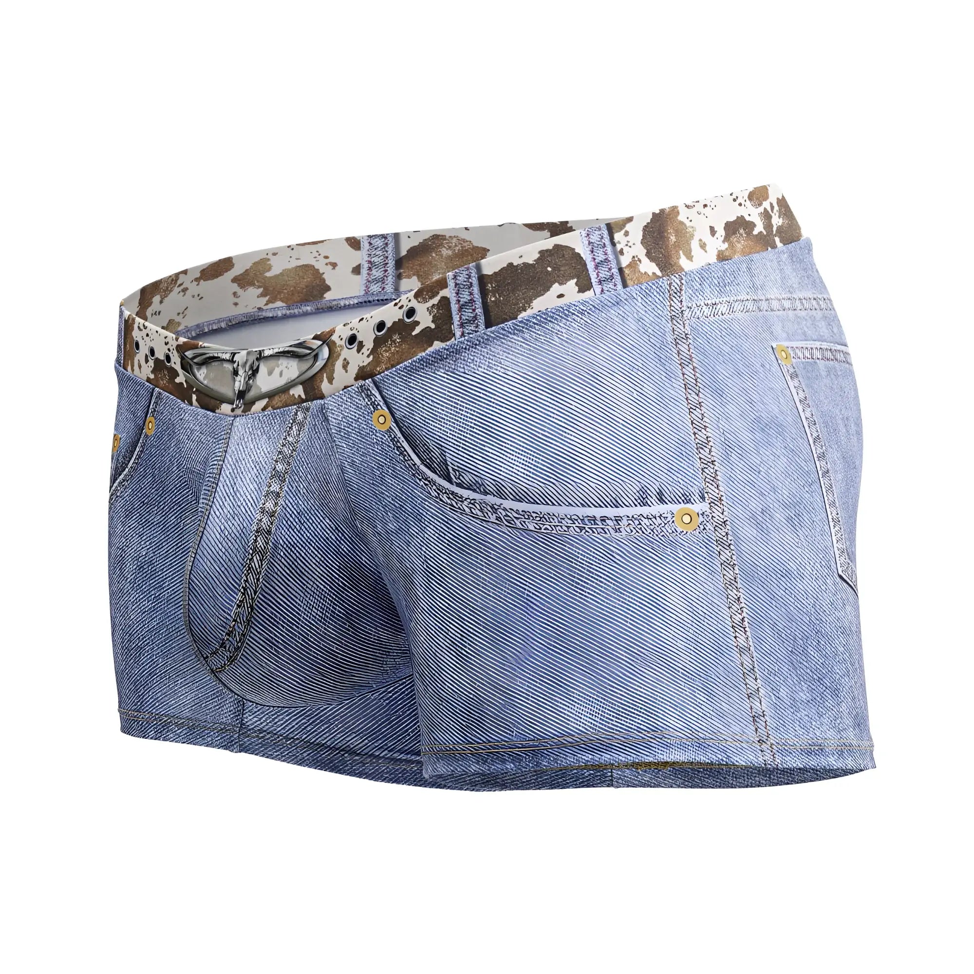 Light blue denim CandyMan 99904 cowboy trunks with cow print belt and silver buckle front view