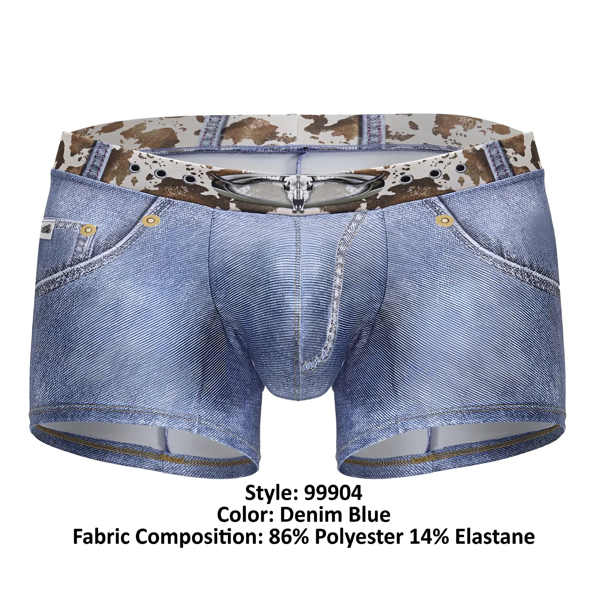 Denim blue men’s boxer briefs with cow print waistband and silver skull buckle candyMan 99904 cowboy trunks