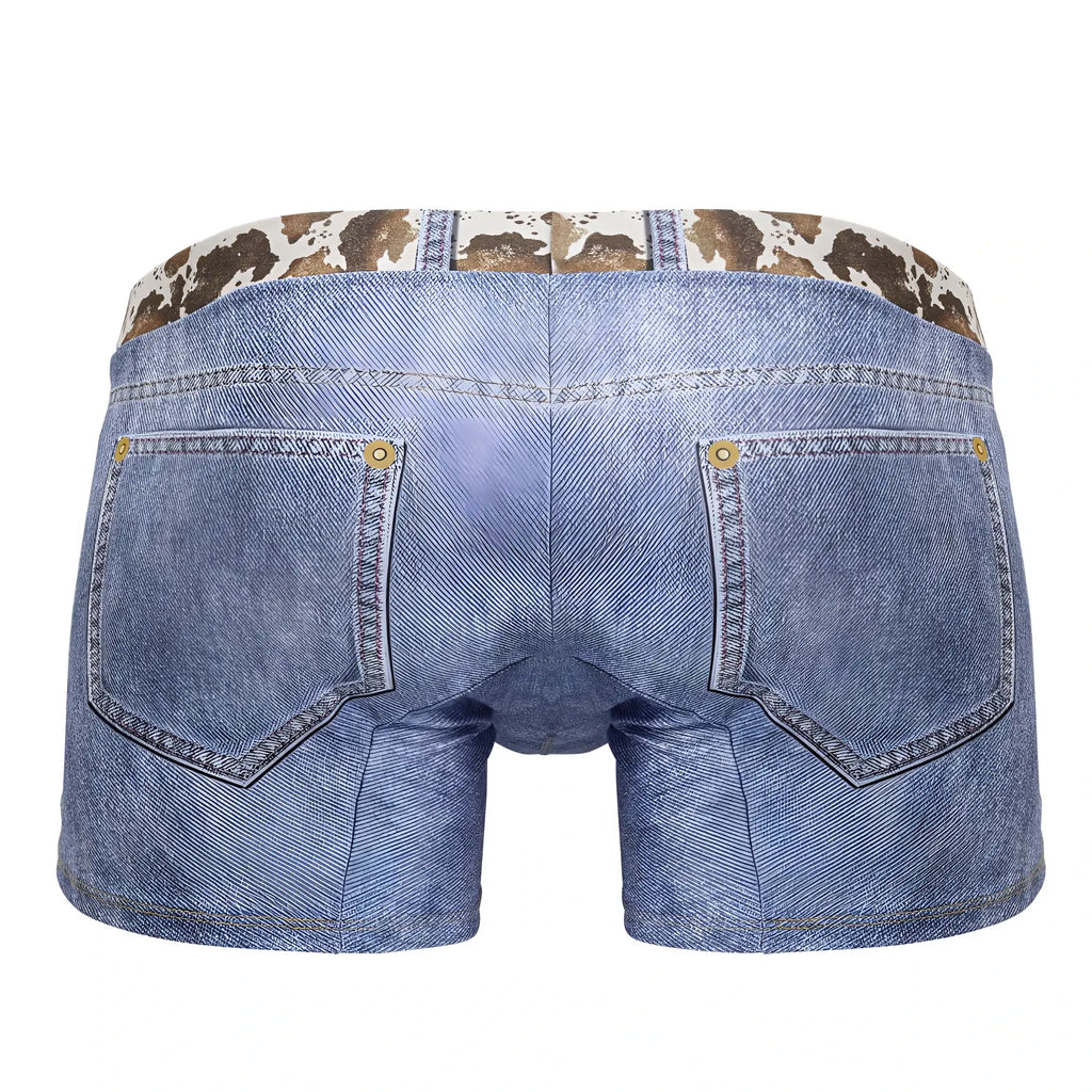 Blue denim candyMan 99904 cowboy trunks with cow print waistband and gold-tone button details