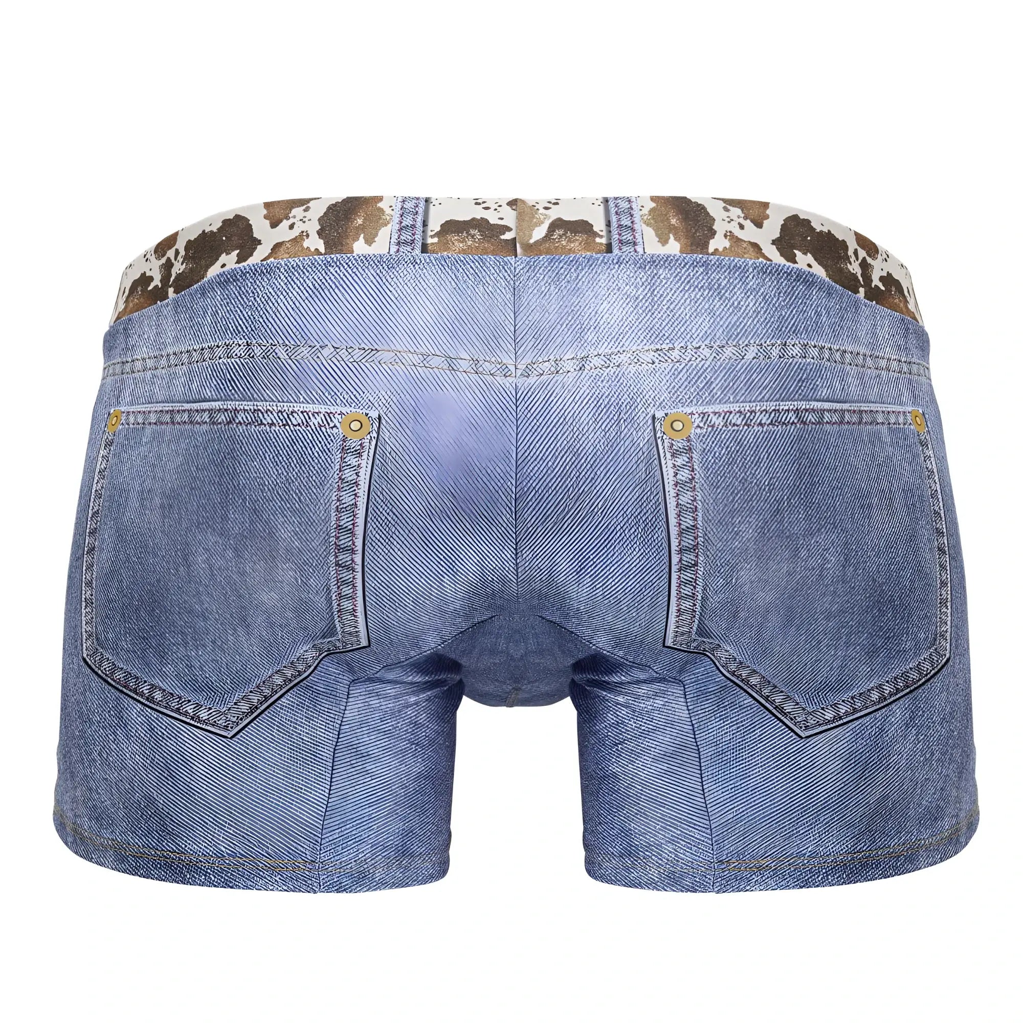 Blue denim candyMan 99904 cowboy trunks with cow print waistband and gold-tone button details