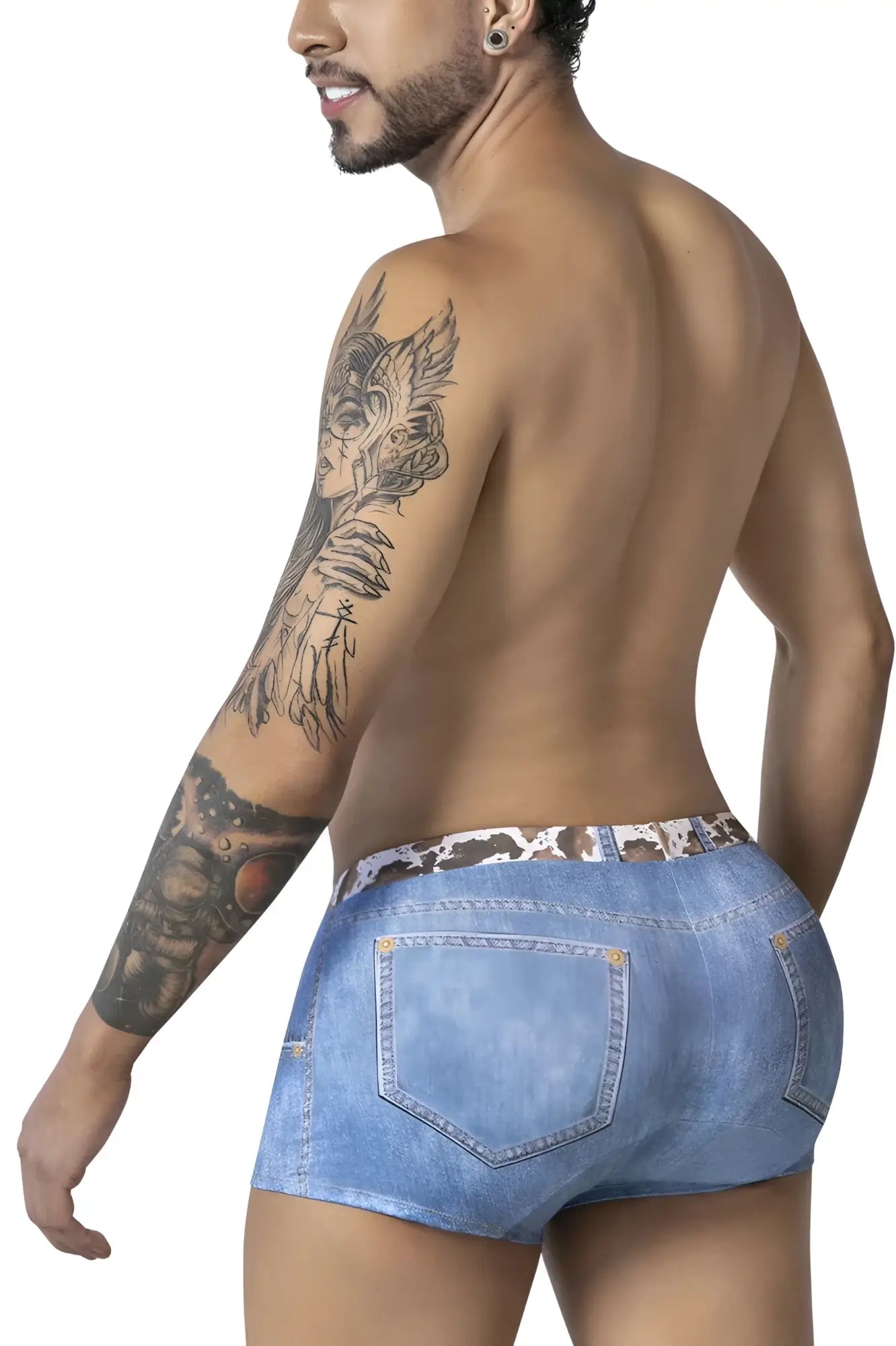 Blue denim CandyMan 99904 cowboy trunks with leopard-print waistband made of durable denim shorts