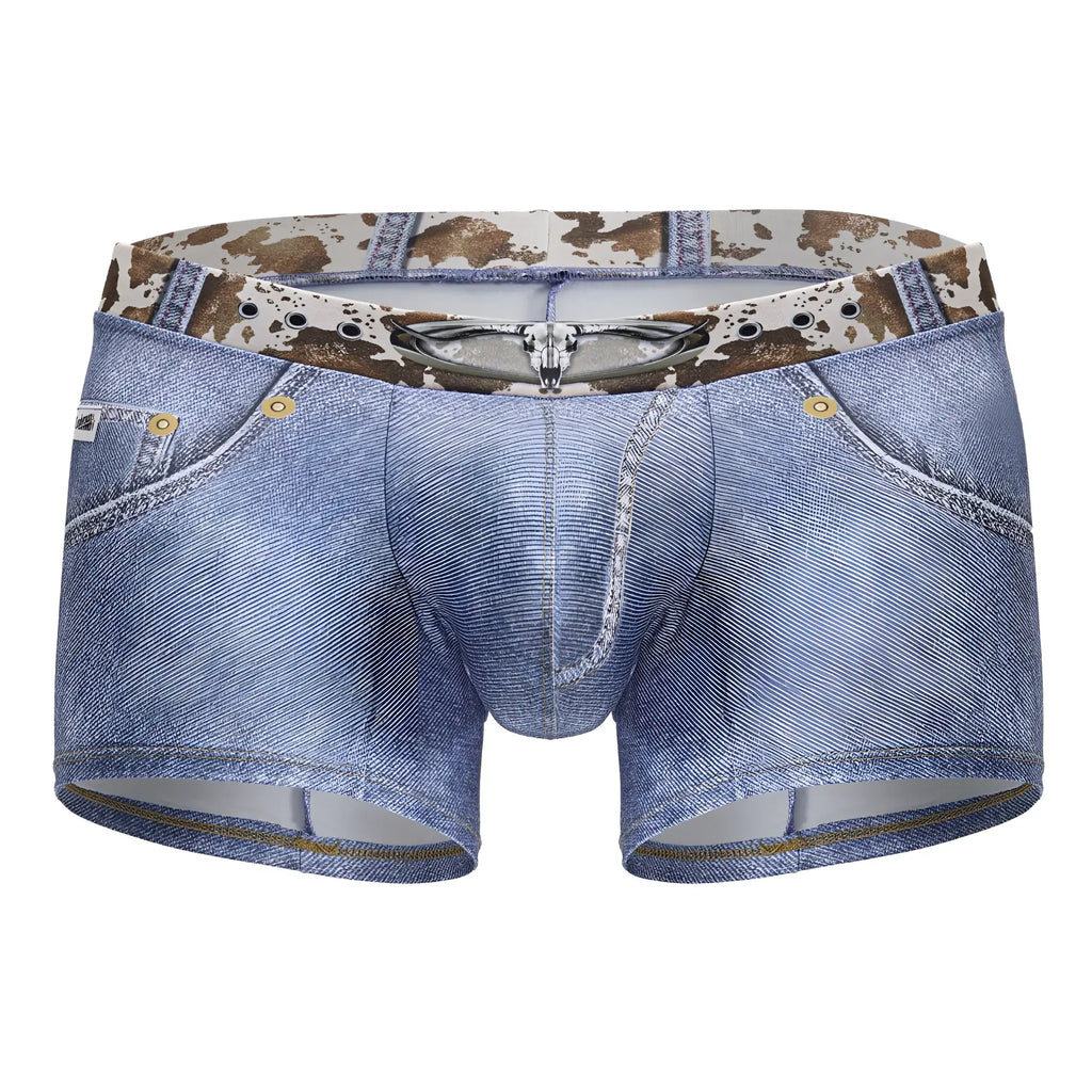Blue denim-style CandyMan 99904 cowboy trunks men’s boxer briefs with cow print waistband and silver skull zipper detail