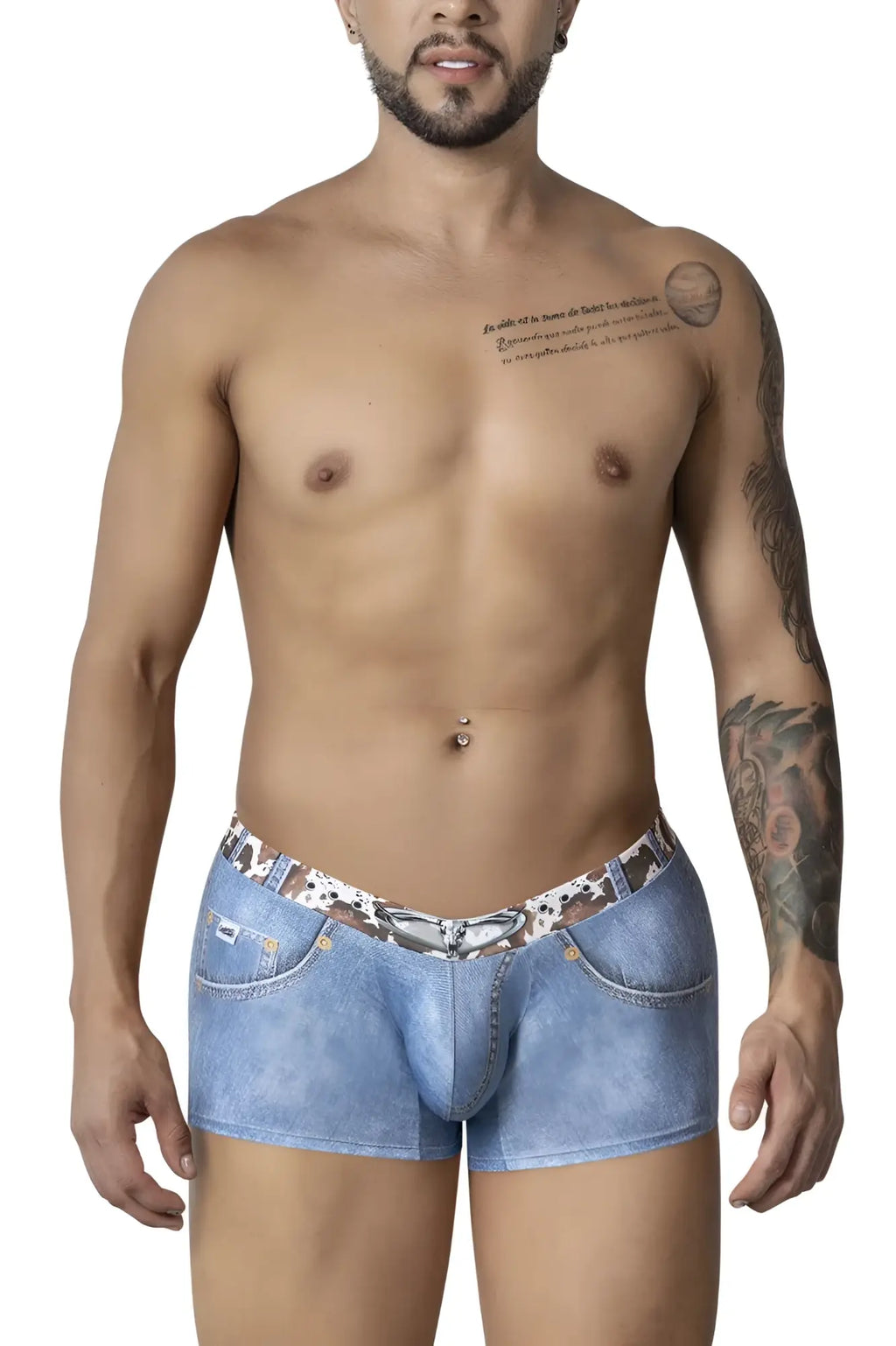 Blue denim-style CandyMan 99904 cowboy trunks men’s boxer briefs with patterned waistband and belt buckle design