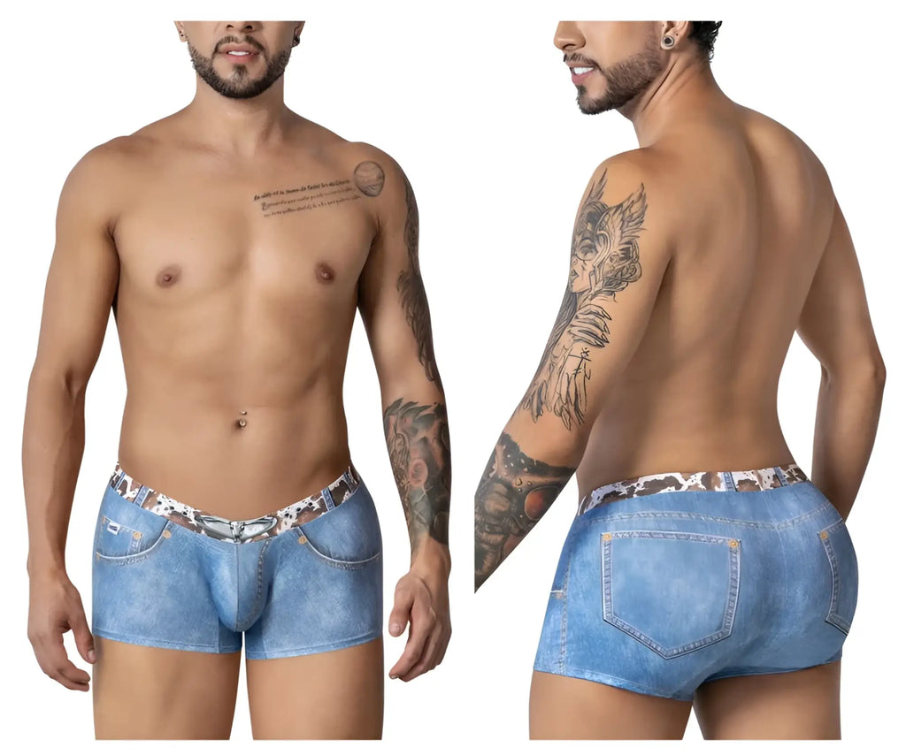 CandyMan 99904 cowboy trunks blue denim style men’s briefs with leopard print waistband and stitching details