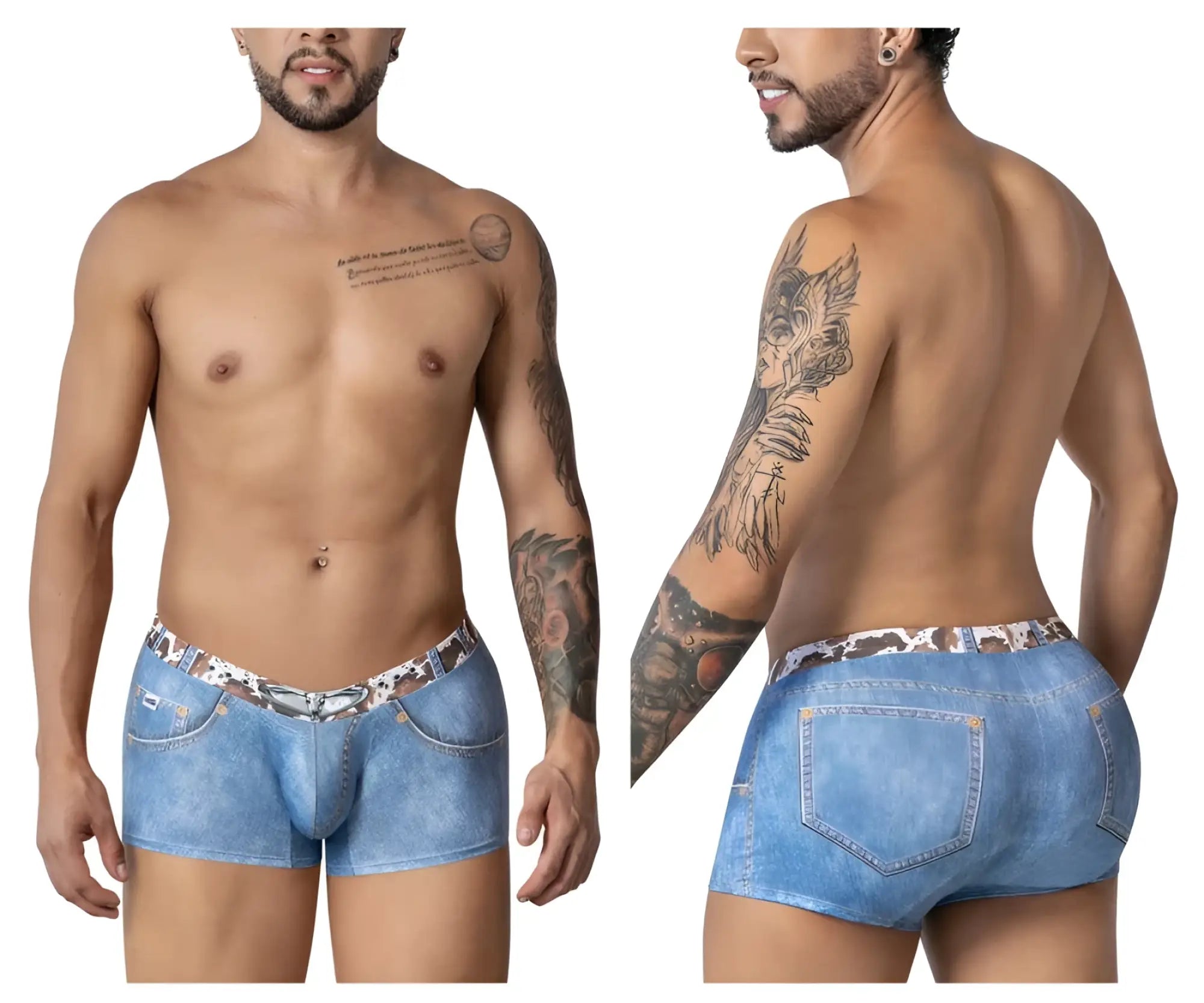 CandyMan 99904 cowboy trunks blue denim style men’s briefs with leopard print waistband and stitching details