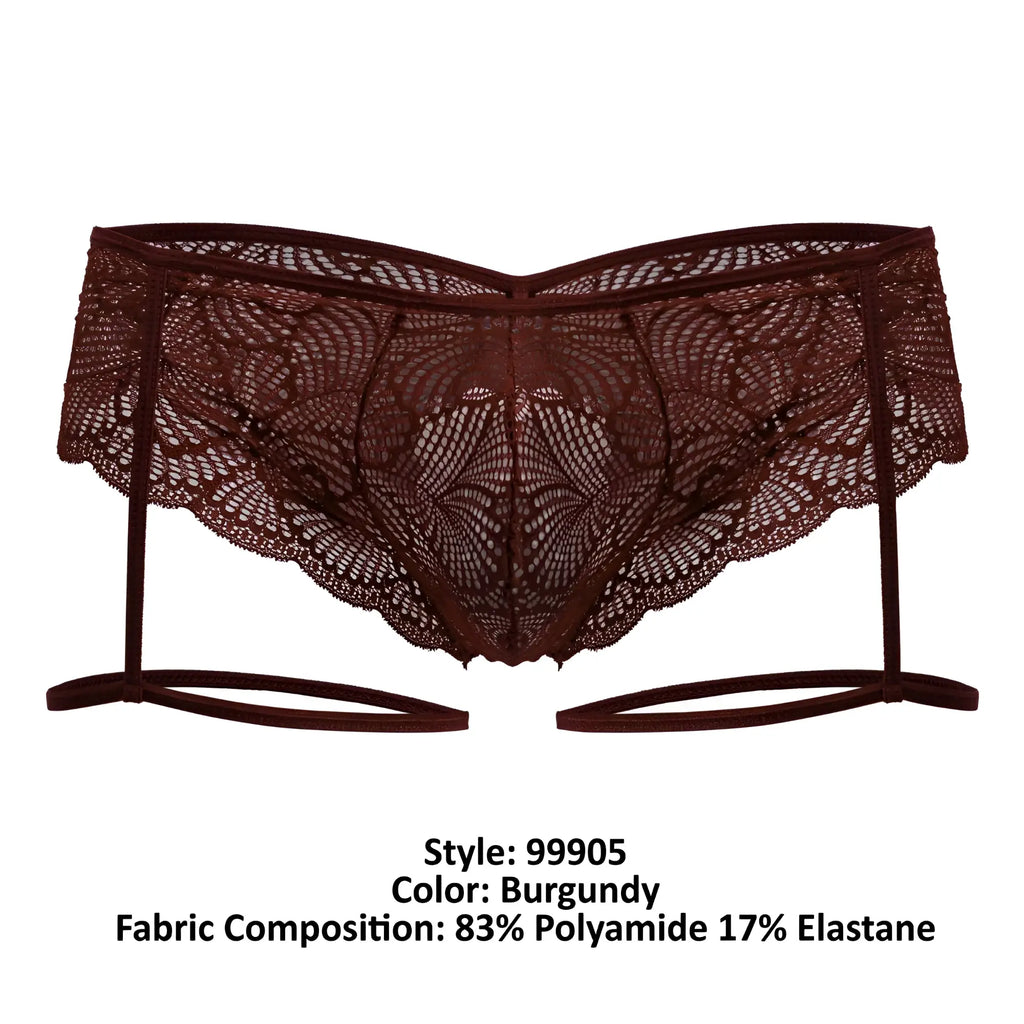 Burgundy lace garter belt candy man 99905 with intricate floral patterns and matching elastic straps