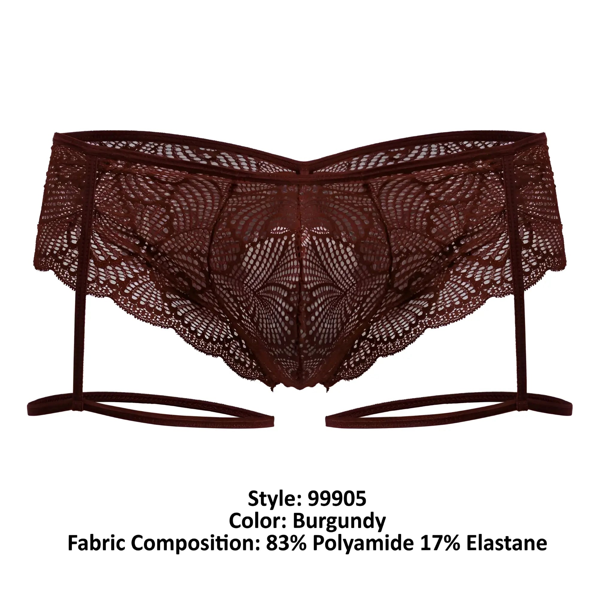 Burgundy lace garter belt candy man 99905 with intricate floral patterns and matching elastic straps
