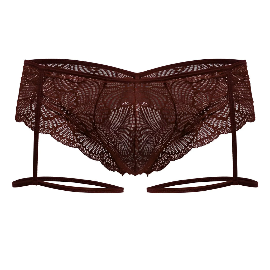 Dark burgundy lace garter belt with intricate floral patterns and scalloped edges from candyman 99905 collection