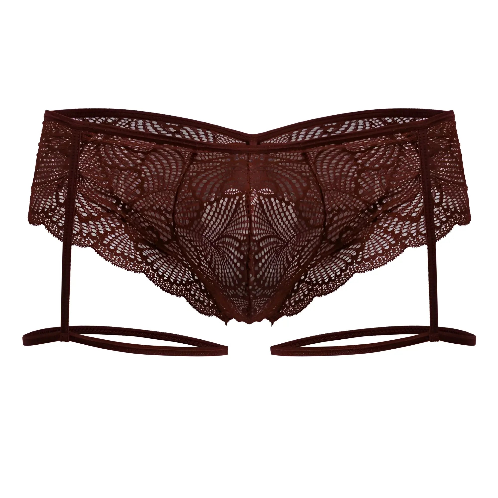 Dark burgundy lace garter belt with intricate floral patterns and scalloped edges from candyman 99905 collection